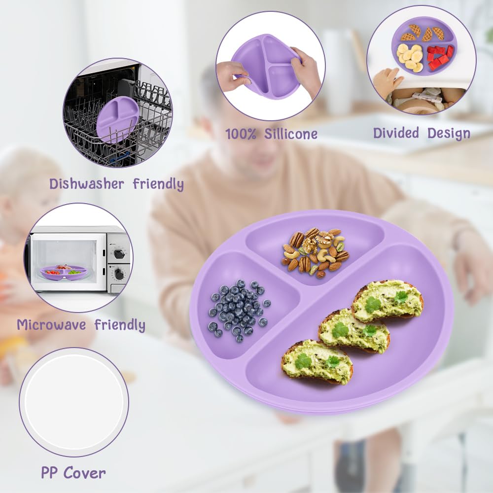 Vicloon 3-Piece Silicone Toddler Plates with Lids - BPA Free, Divided Suction Plates for Babies & Kids | Microwave & Dishwasher Safe | Perfect for Highchair, Travel & Mess-Free Meals
