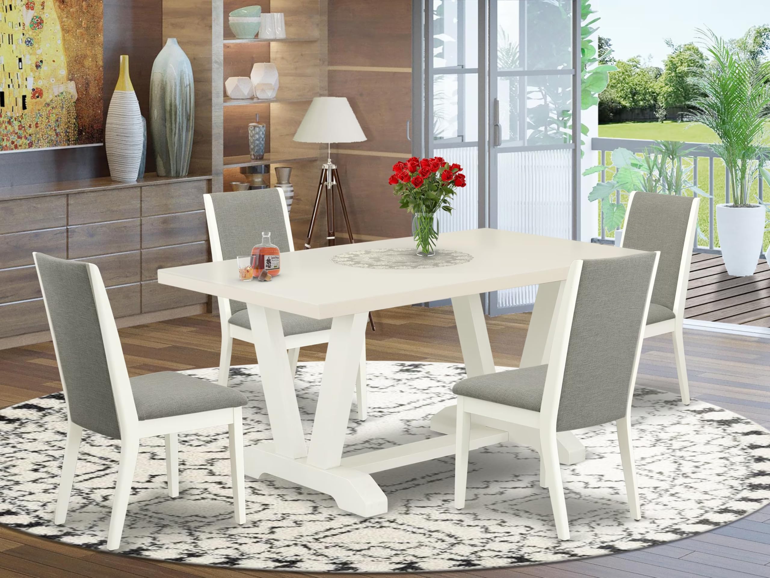East West Furniture 5-Piece Kitchen Table Set for 4 - 36x60 Inch Rectangle Dining Table with V-Legs & 4 Shitake Linen Fabric Parsons Chairs, Multi-Color - Perfect for Small Dining Rooms, Breakfast Nooks, and Cozy Family Meals