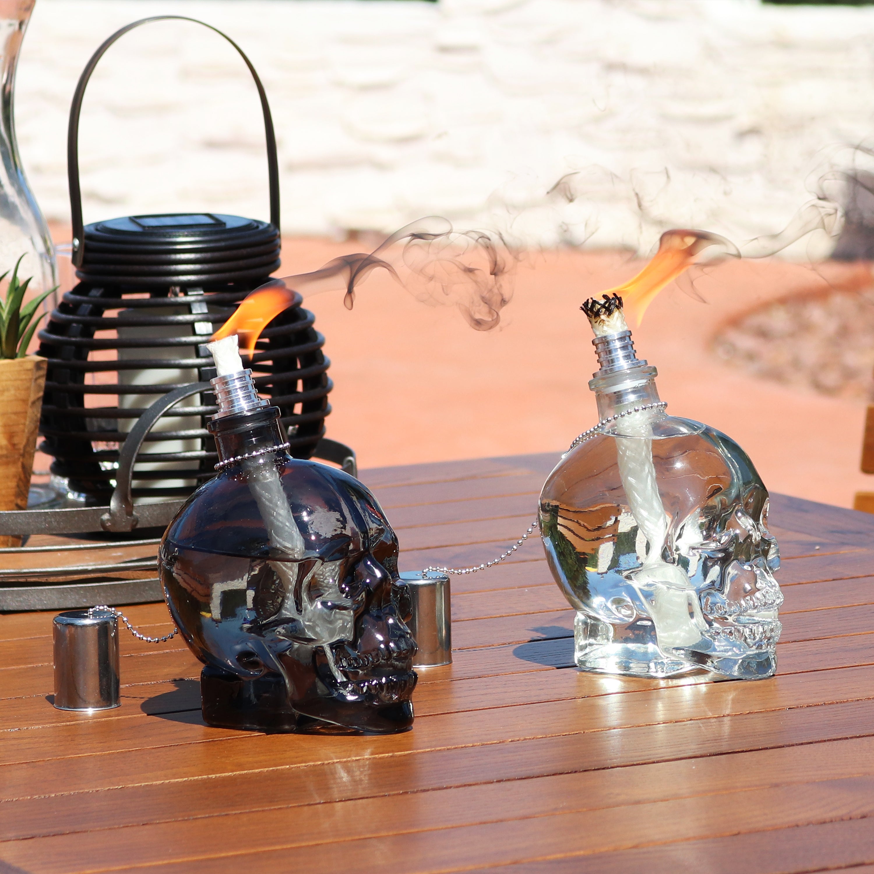 Sunnydaze Grinning Skull Glass Tabletop Torches - Black & Clear Outdoor Decor for Halloween, Patio & Garden Parties