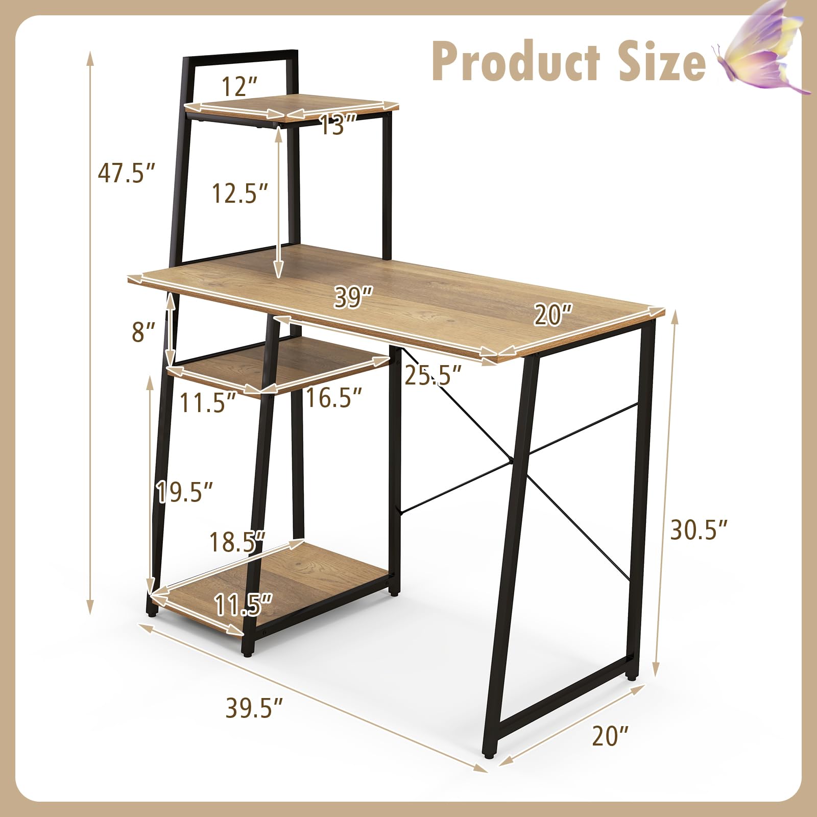 COSTWAY 47.2'' Computer Desk with 4-Tier Storage Shelves | Home Office Writing Desk with X-Shape Frame & Adjustable Feet | Modern Study Desk with Wide Tabletop (Natural/Black) for Small Spaces, Dorm Rooms & Home Offices
