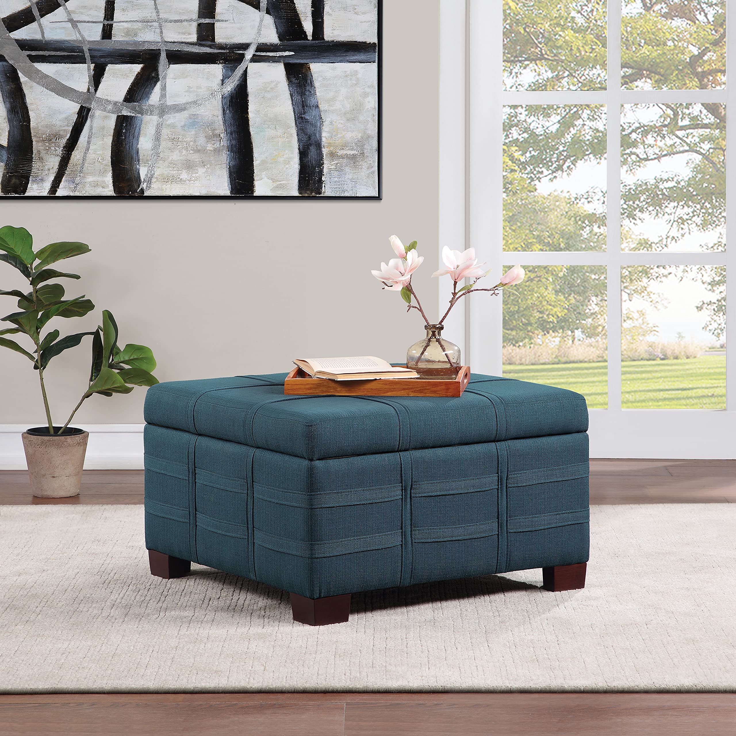 OSP Home Furnishings Detour Strap Square Storage Ottoman with Sliding Tray & Hinged Lid - Azure Fabric Upholstered Footrest Bench for Living Room, Bedroom & Home Decor