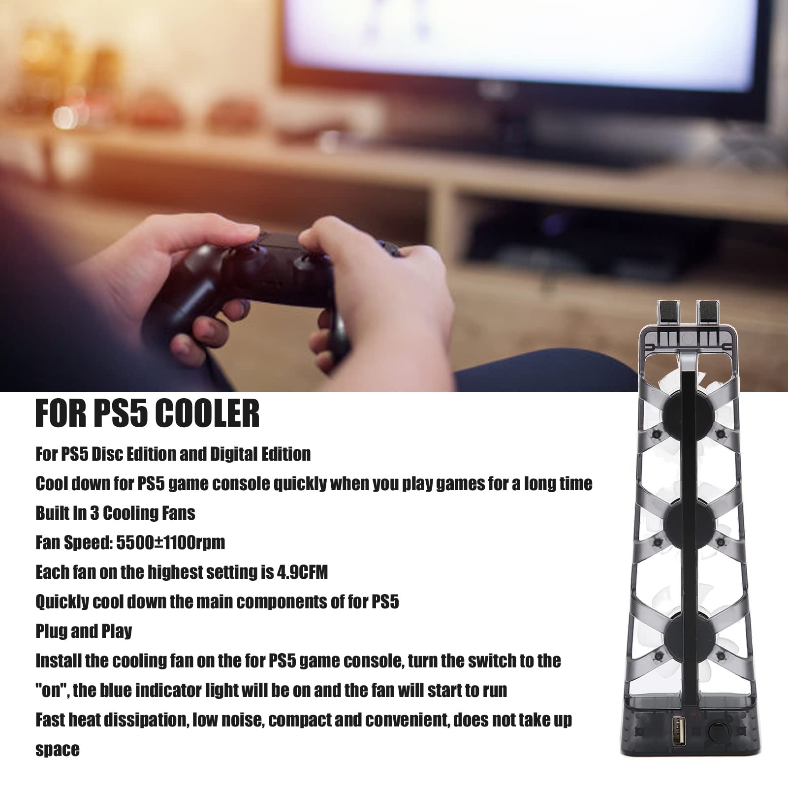 Septpenta Cooling Fan for PS5 Disc & Digital Edition - Plug & Play, Ultra Quiet with 3 Built-in Fans for Fast Cooling - Perfect for PS5 Gaming Enthusiasts | Ideal for Long Gaming Sessions & Preventing Overheating