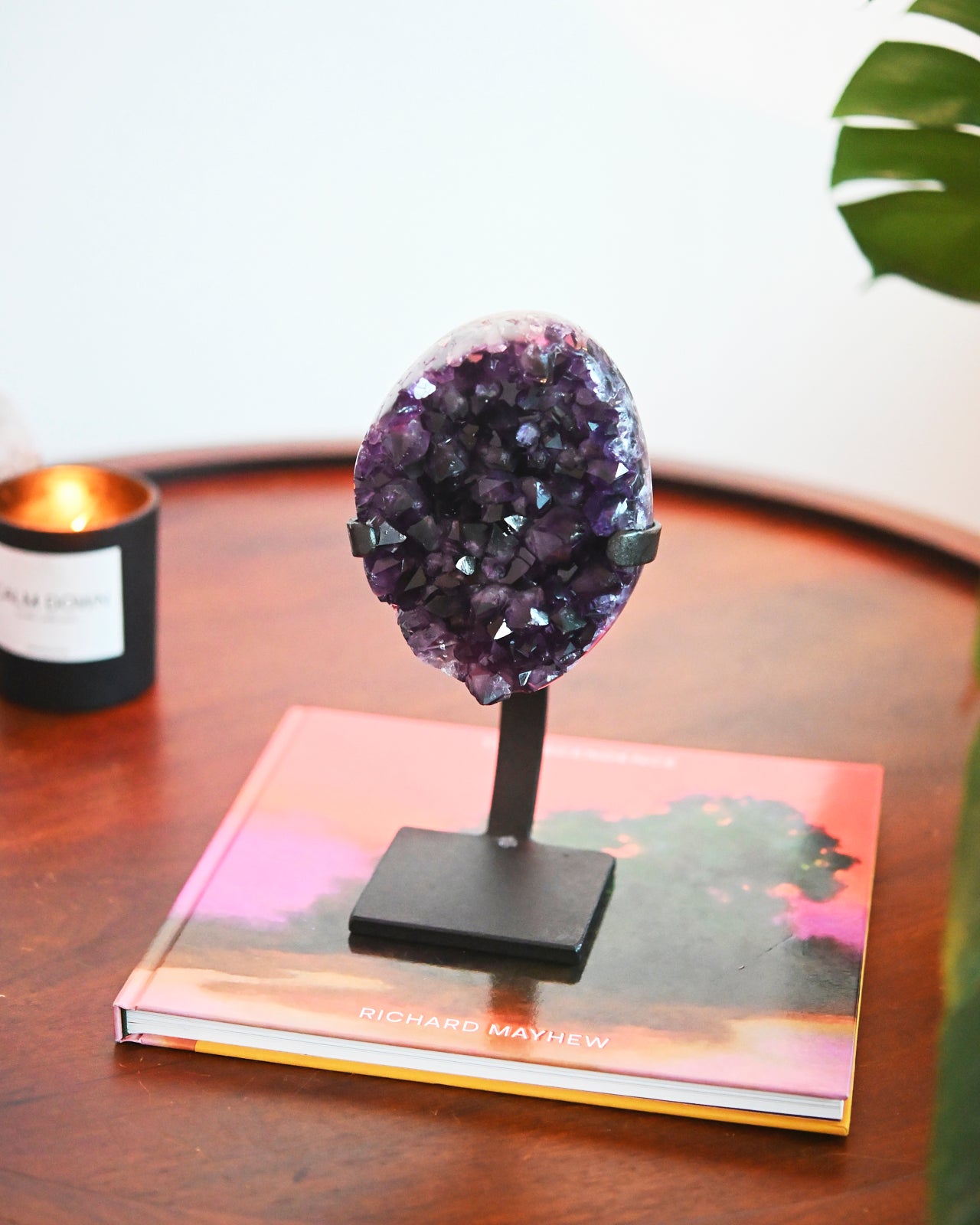 Natural Amethyst Crystal Geode on Wooden Stand - 3.9lbs Healing Stone for Home Decor, Meditation & Spiritual Gifts