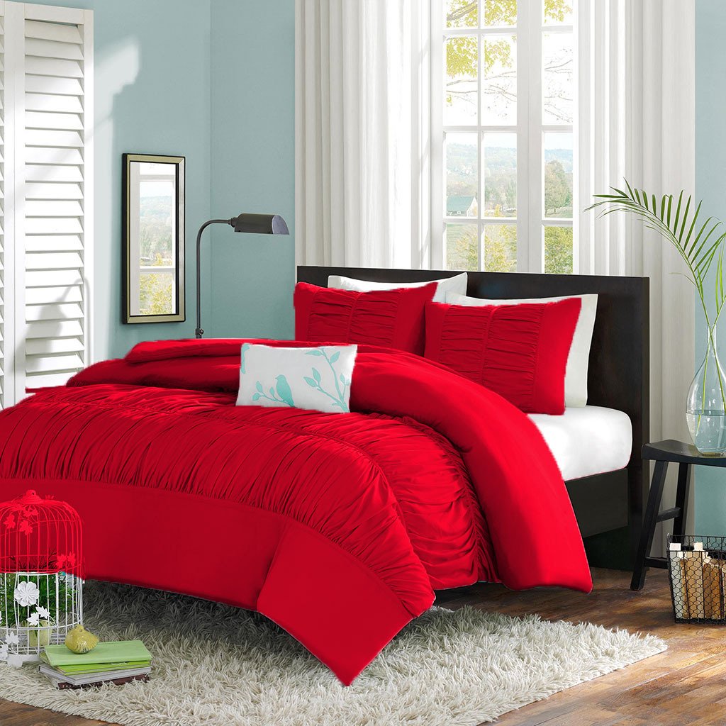 Premium 5-Piece California King Duvet Cover Set - 500 TC Egyptian Cotton Center Gathered Mimi Ruffle Design with Matching Pillowshams in Red | Luxury Bedding for Master Bedroom & Guest Room Decor