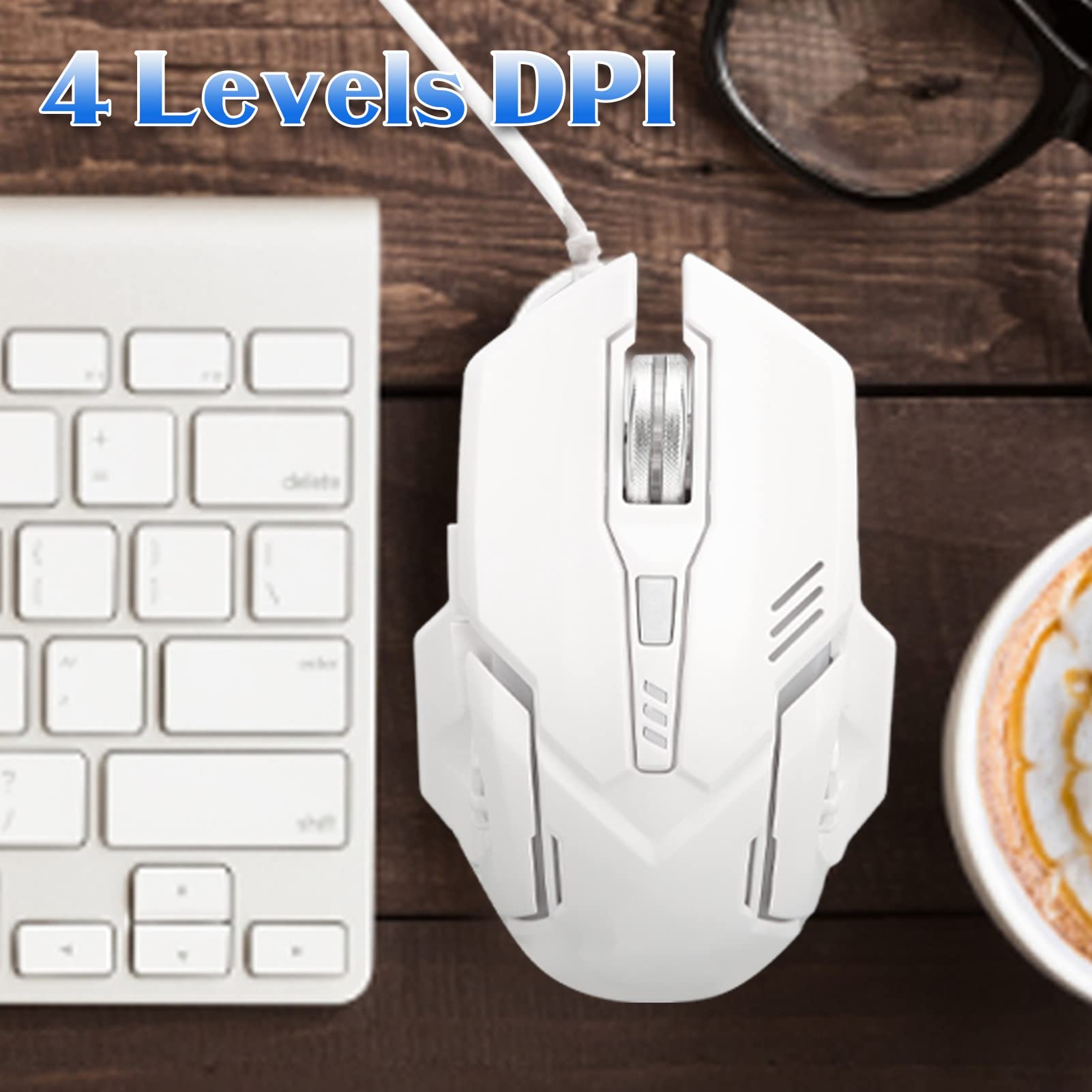 F7 Wired Gaming Mouse with RGB Backlit, 6 Programmable Buttons, Adjustable 3600 DPI, Ergonomic Design for PC & Laptop - Perfect for FPS, MOBA & Office Work (White)