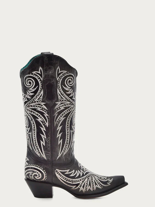 Z5209 Women's White Embroidered Cowboy Boots with Black Overlay & Studs - Stylish Western Boots for Country Dancing, Rodeo & Casual Wear