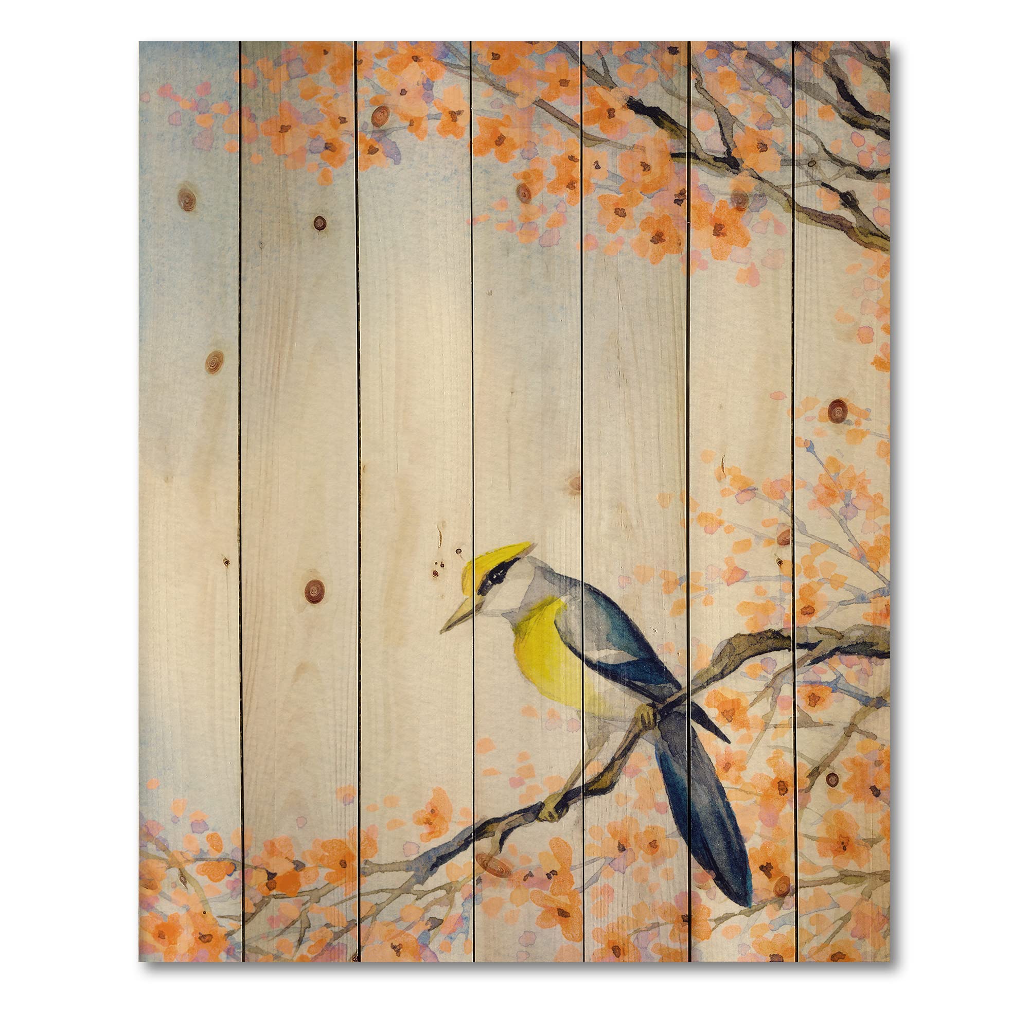 Blue Bird on Flowering Branch Traditional Wood Wall Art - Handcrafted Pine Wood Decor for Living Room, Bedroom & Office - Large Animal Print Wood Panels for Rustic Home Decor