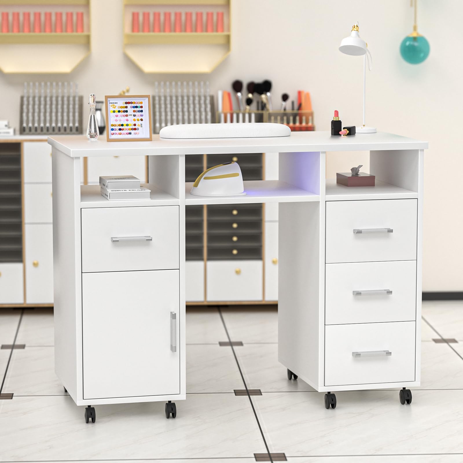 Professional Manicure Table Nail Station with Storage Drawers & Cabinet - Portable Beauty Salon Desk with Wheels, Wrist Pad - Perfect for Home & Professional Nail Technicians (White) - Ideal for Nail Salons, Home Spa, Mobile Nail Services & Beauty Studios