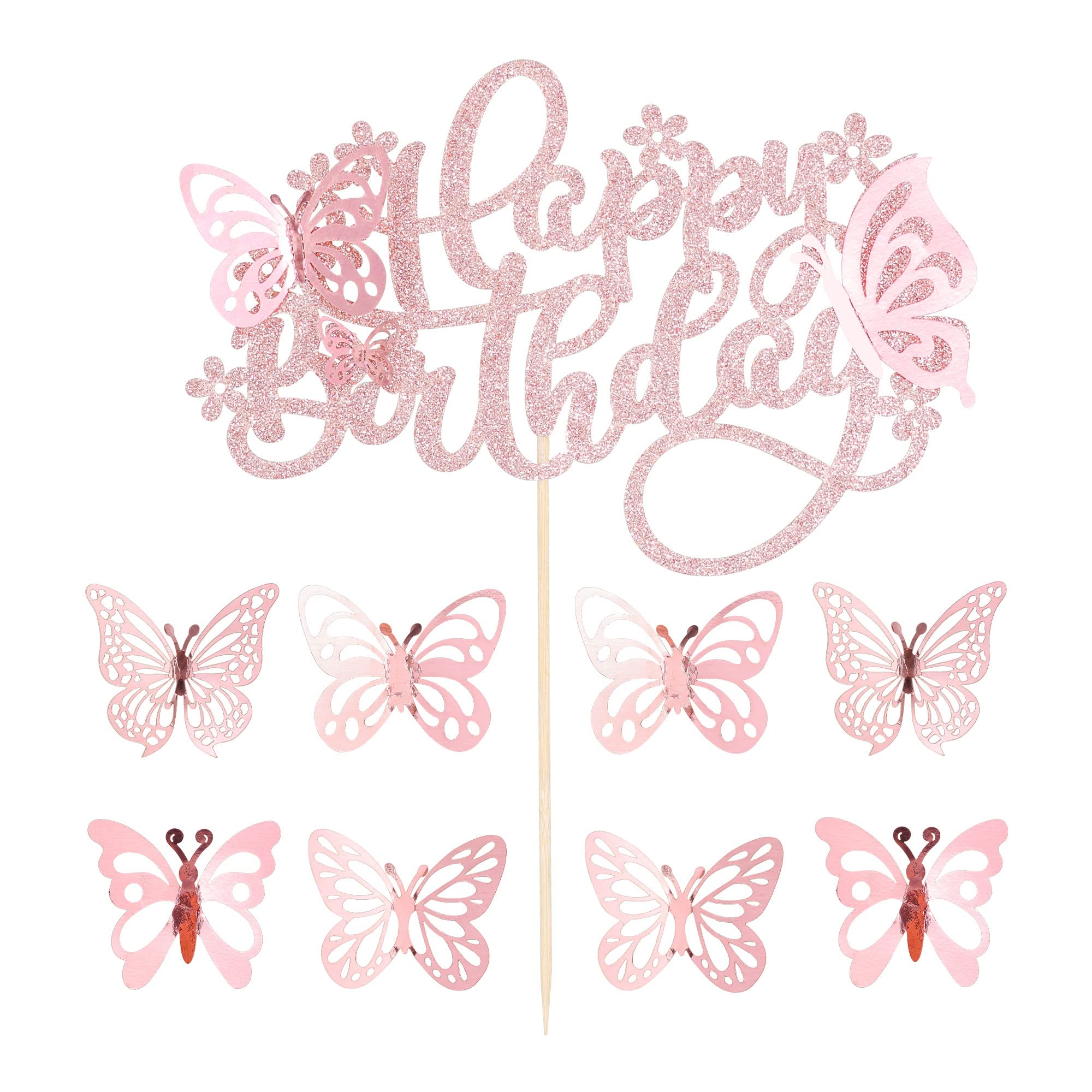 25Pcs 3D Butterfly Cake Toppers - Happy Birthday Cake Decorations for Baby Showers, Birthdays & Parties - Rose Gold Butterfly Party Supplies - Perfect for Wedding, Baby Shower & Birthday Cakes