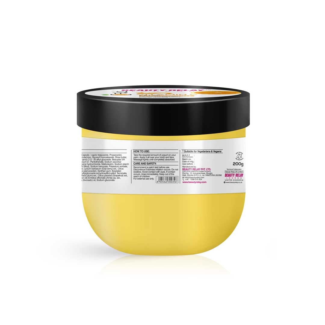 Beauty Relay London Vitamin C Body Yogurt - Detox, Moisturizing & Rejuvenating Lightweight Non-Greasy Formula with Shea Butter, Goji Berry & Kakadu Plum for Soft, Supple Skin (200g) | Perfect for Daily Hydration & Post-Workout Skin Recovery