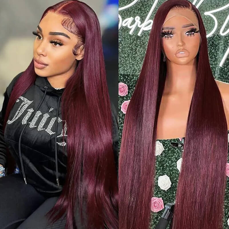 Eullair Pre-Colored Dark #99J Burgundy Frontal Wig - Natural Looking Human Hair Lace Front Wig for Women | Perfect Fall Color for Daily Wear, Parties & Special Occasions