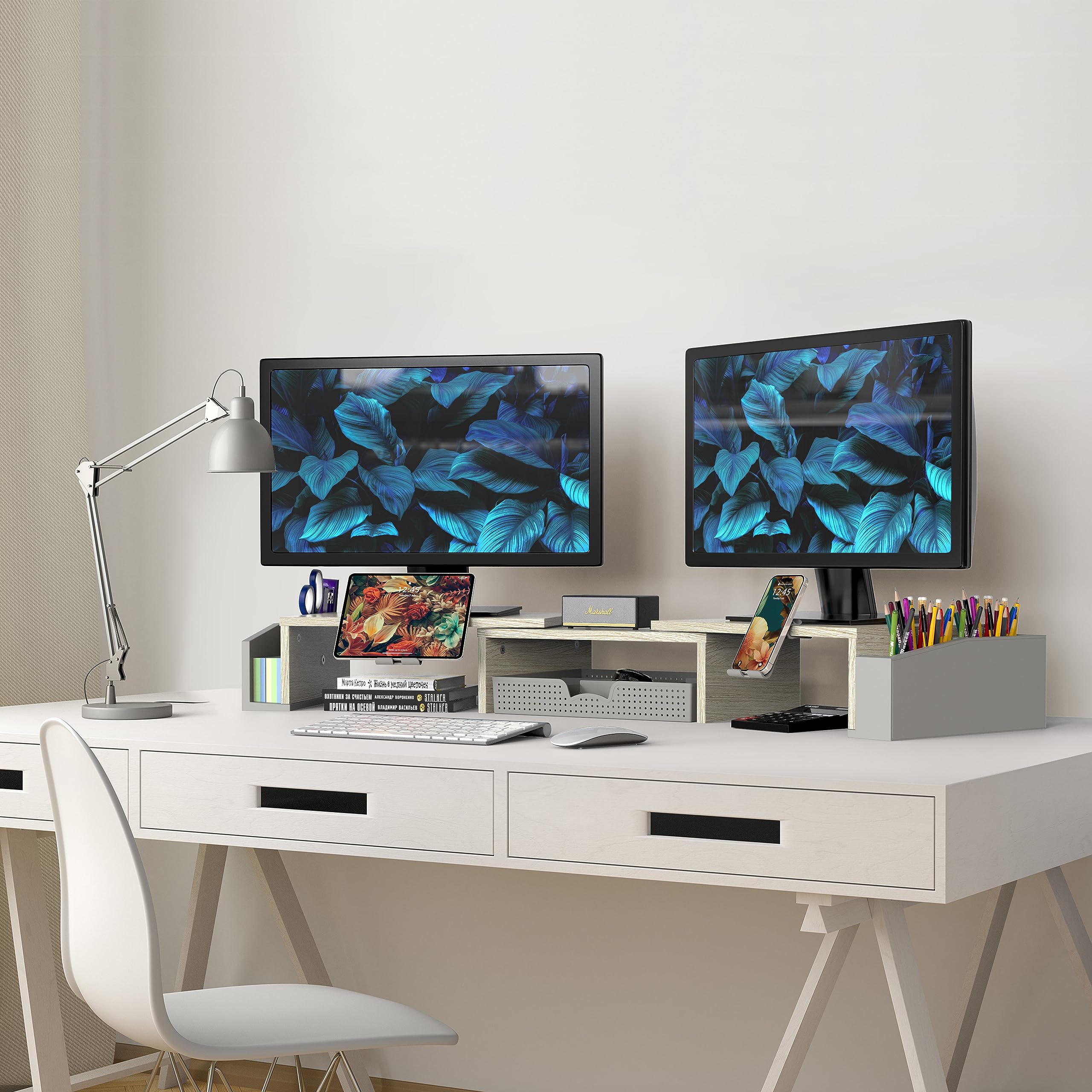 Dual Monitor Stand Riser with Storage Drawer - Maple Wood Desktop Organizer for Home & Office Workspace