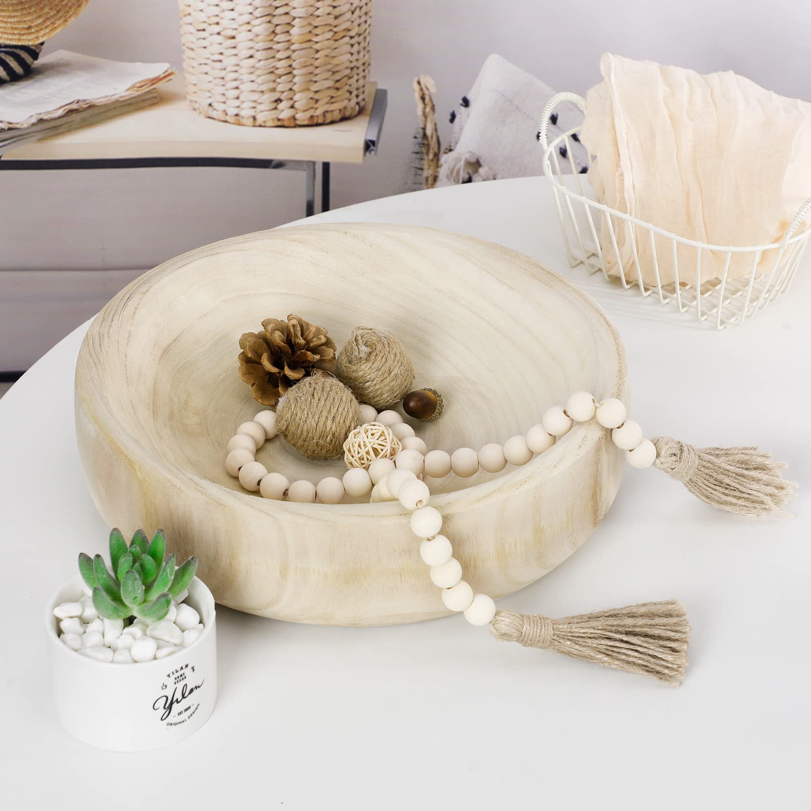 Kathfly Natural Rustic Wooden Decorative Bowl Set - Paulownia Wood Serving & Dough Bowl for Home Decor, Table Centerpieces, Wedding & Party Decorations with Wood Bead Garland (Round) - Perfect for Farmhouse Style Dining, Rustic Weddings, and Holiday Tablescapes