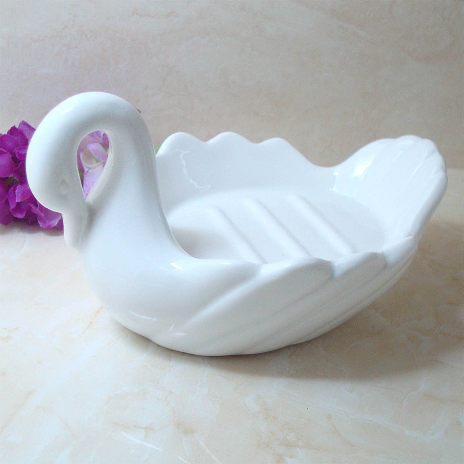 Zoele Fashion White Swan Ceramic Soap Dish - Elegant Soap Holder & Tray for Bathroom Countertop - Home Living Bathroom Accessories for Vanity, Sink, and Shower Organization