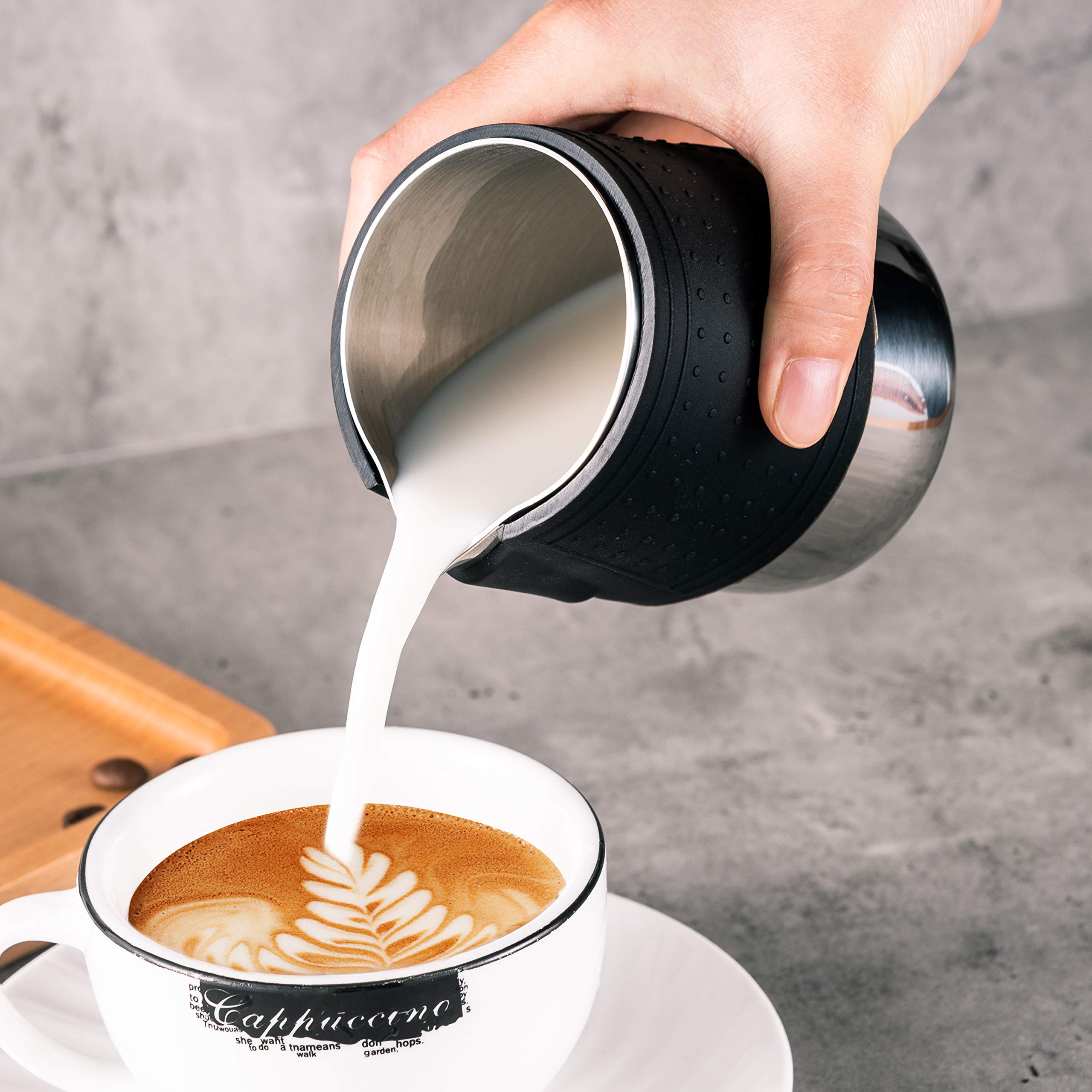 Premium 12oz (350ml) Stainless Steel Milk Frothing Pitcher for Latte Art - Barista-Grade Coffee Frother Jug with Heat-Resistant Silicone Grip for Perfect Cappuccino & Latte - Ideal for Home Baristas & Coffee Shops