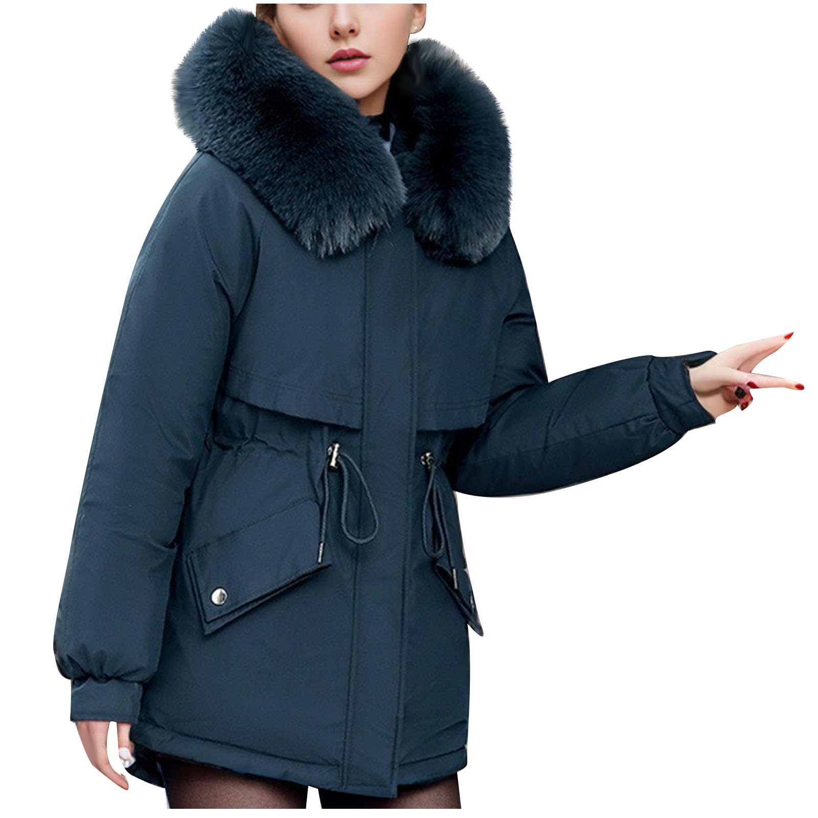 DOLKFU Women's Winter Puffer Jacket - Warm Mid-Length Padded Coat with Faux Fur Hood, Stylish Solid Color Outerwear for Cold Weather | Perfect for Snowy Days, Skiing & Winter Travel