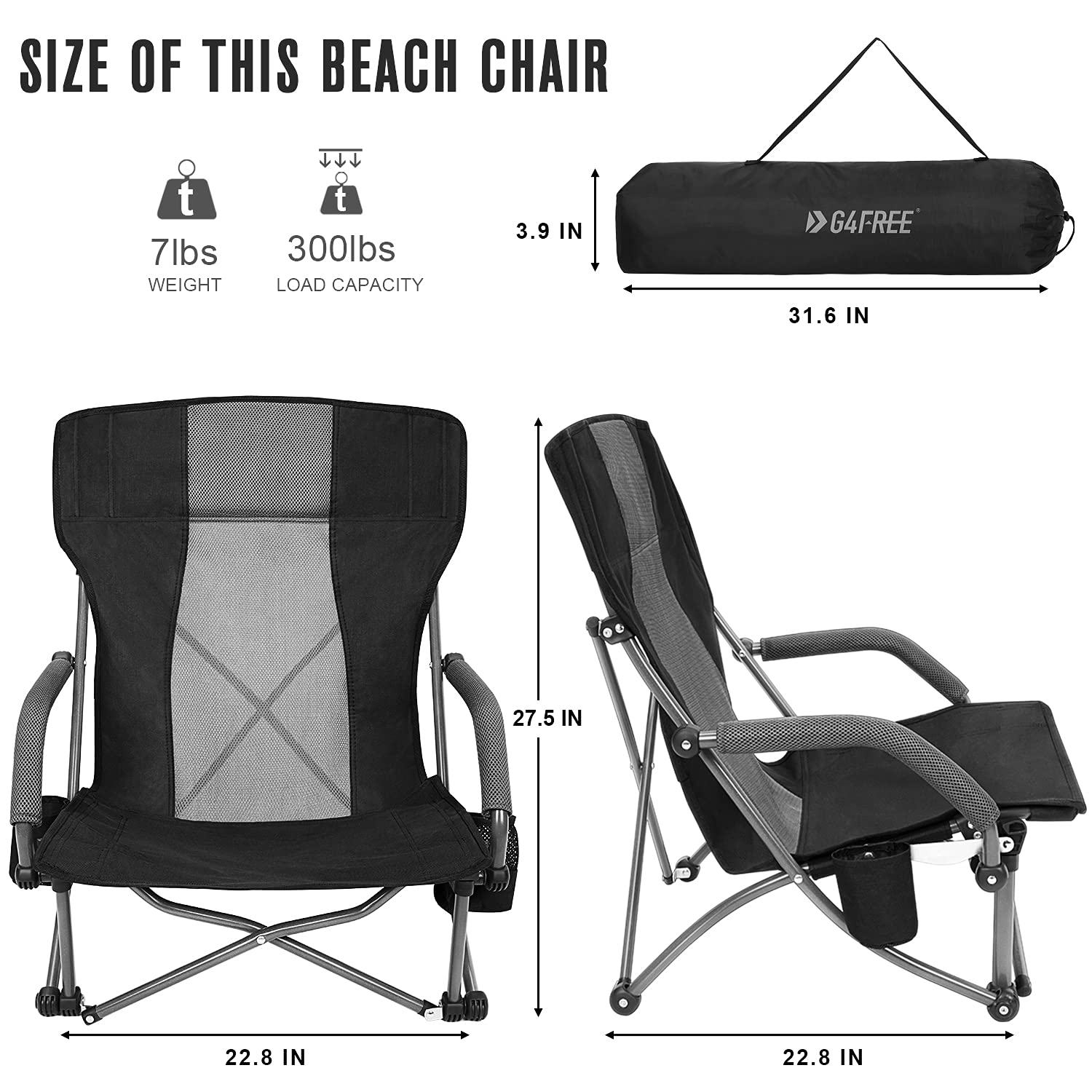 G4Free Compact Folding Beach Camping Chair with Lumbar Support - Portable Low Sling Design & Carry Bag - Perfect for Outdoor, Picnic, Travel, Concerts & Backyard Relaxation (Black)