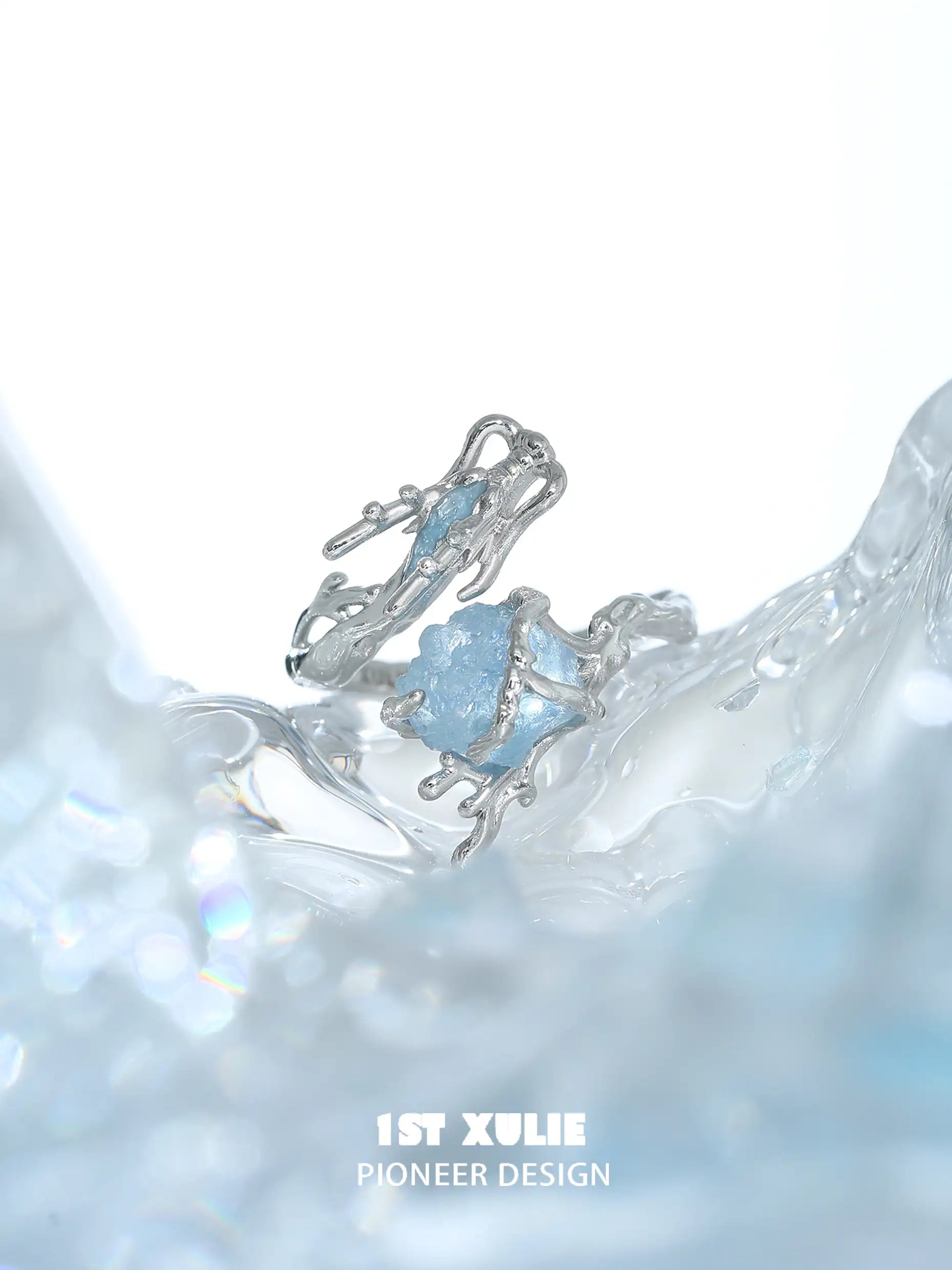 Loong Ling Loong Aquamarine S925 Sterling Silver Adjustable Open Ring for Women - Elegant Stackable Boho Jewelry Gift for Birthday, Anniversary & Everyday Wear