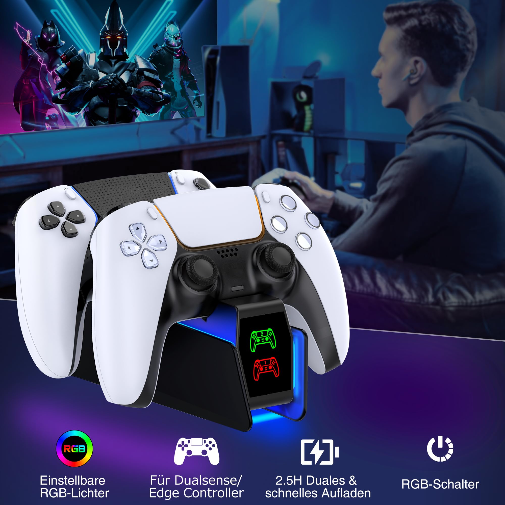 PS5 Controller Charging Station with RGB Lights - Fast 2-Hour Charging Dock for PS5 DualSense & Edge Controller (Black) - Perfect for Gaming Setups & Multiplayer Sessions