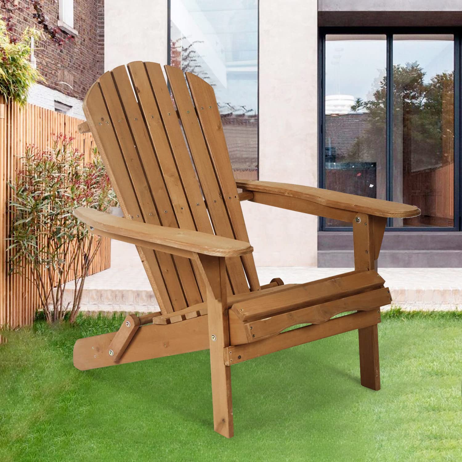 Folding Adirondack Chair Outdoor Patio Furniture - Weather Resistant Wooden Accent Lounger with Arms - Perfect for Garden, Backyard, Deck & Poolside Relaxation (Natural, 1-Piece)
