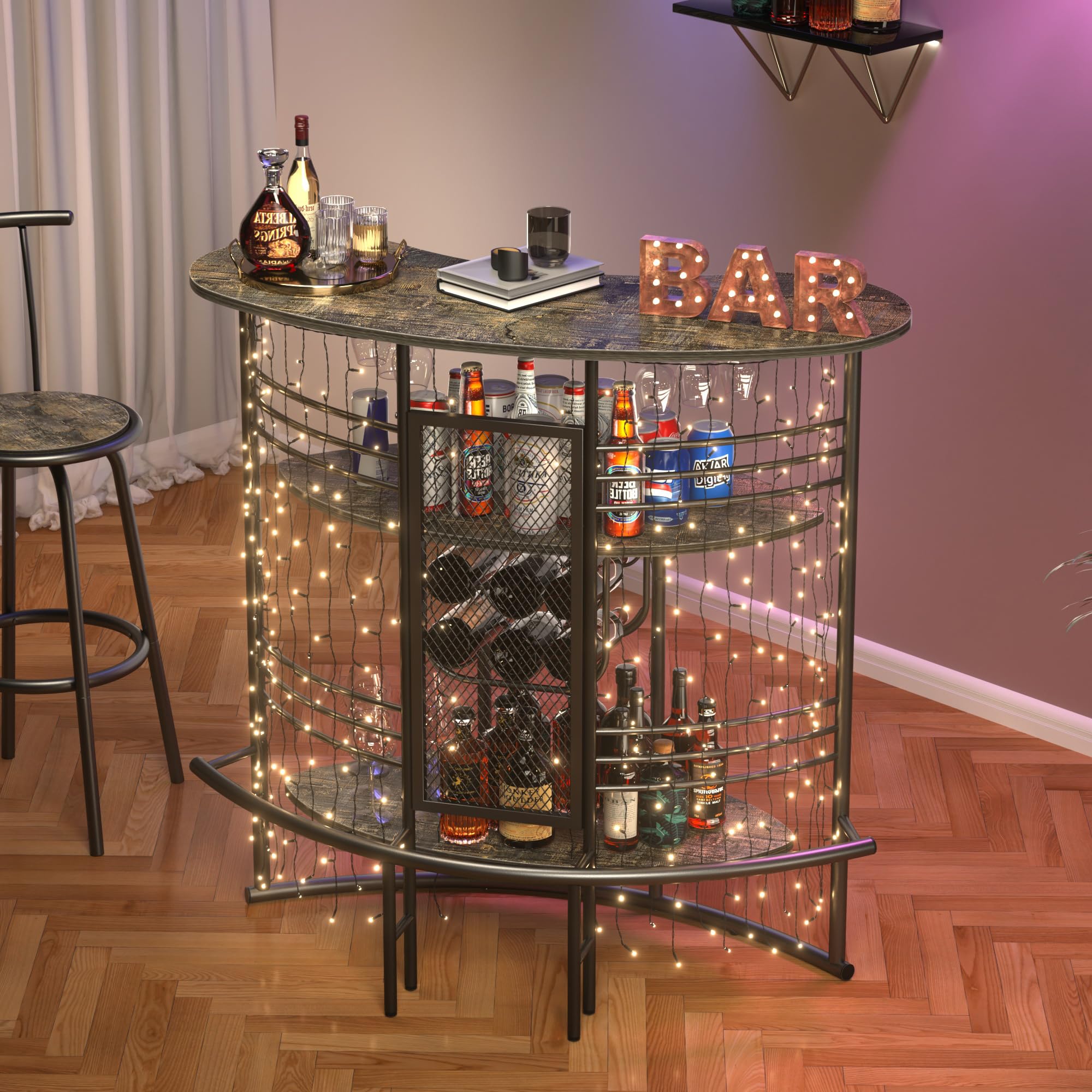 VECELO 3-Tier Industrial Home Bar Cabinet with Storage Shelves & Wine Glass Holder - Oak Finish Mini Coffee Bar Table for Kitchen, Living Room, Pub | Perfect for Entertaining, Small Space Storage & Home Decor