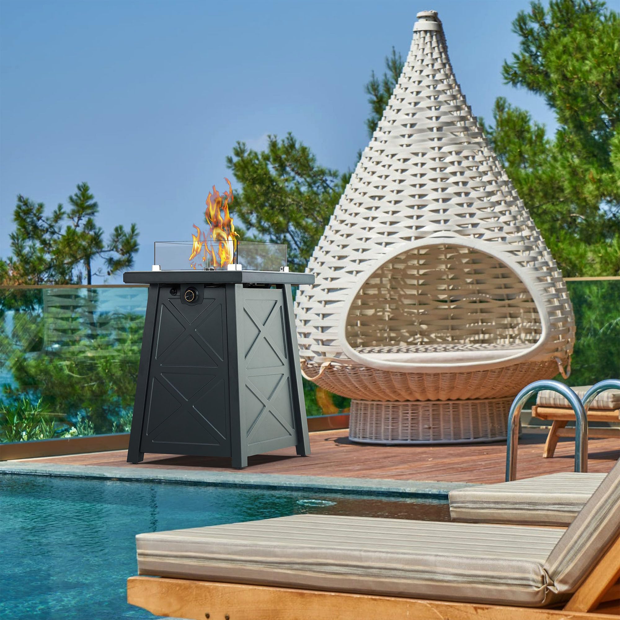 19.5 Inch Steel Outdoor Gas Fire Pit - 40,000 BTU Modern Patio Fireplace with Glass Rocks, Cover & Wind Guard - Perfect for Backyard, Deck, Garden & Poolside Gatherings