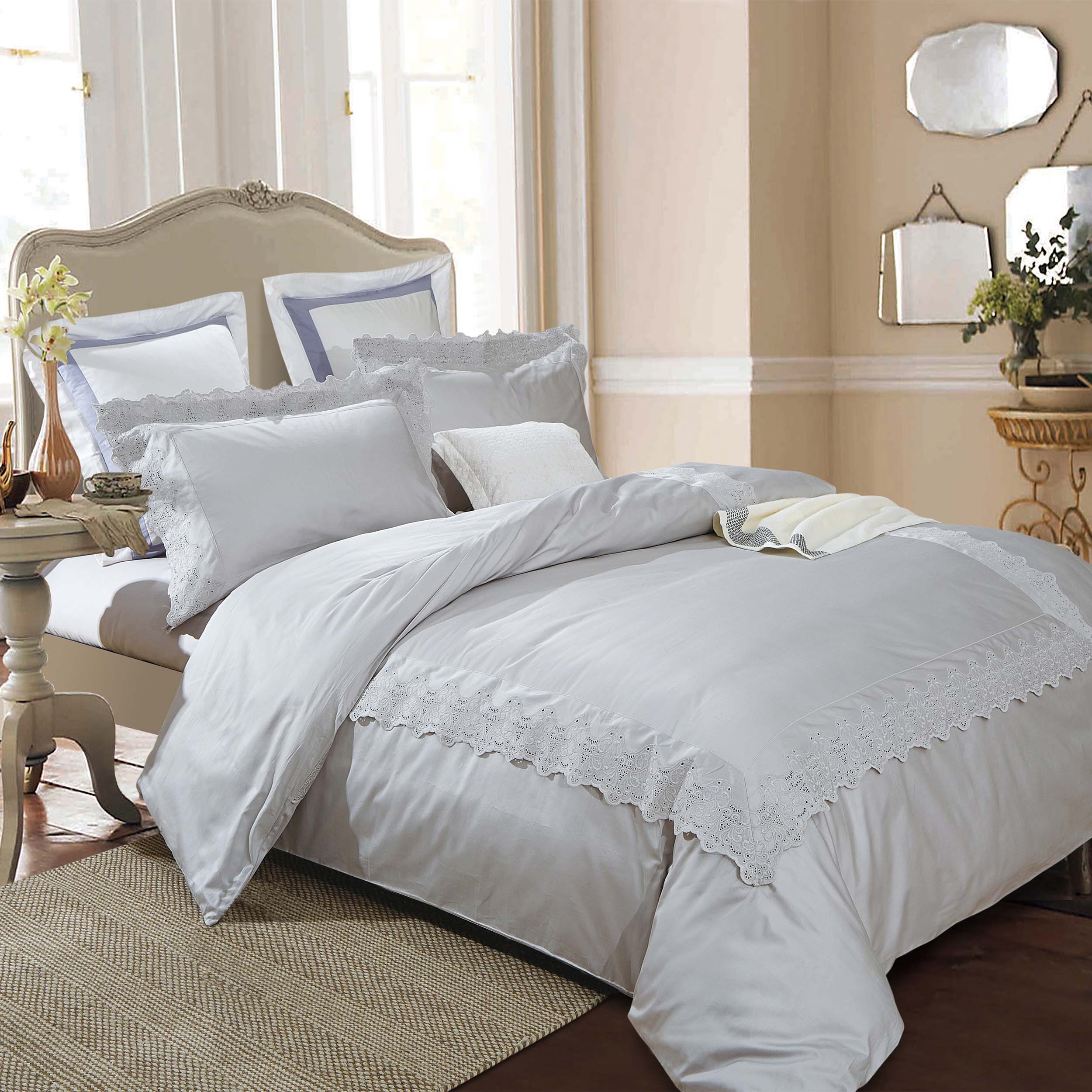 Charlotte Cotton Solid Embroidered Duvet Cover Set - Queen Size Bedding Set with Pillowcases - Luxury Soft Breathable Duvet Cover for Master Bedroom, Guest Room & Hotel Decor