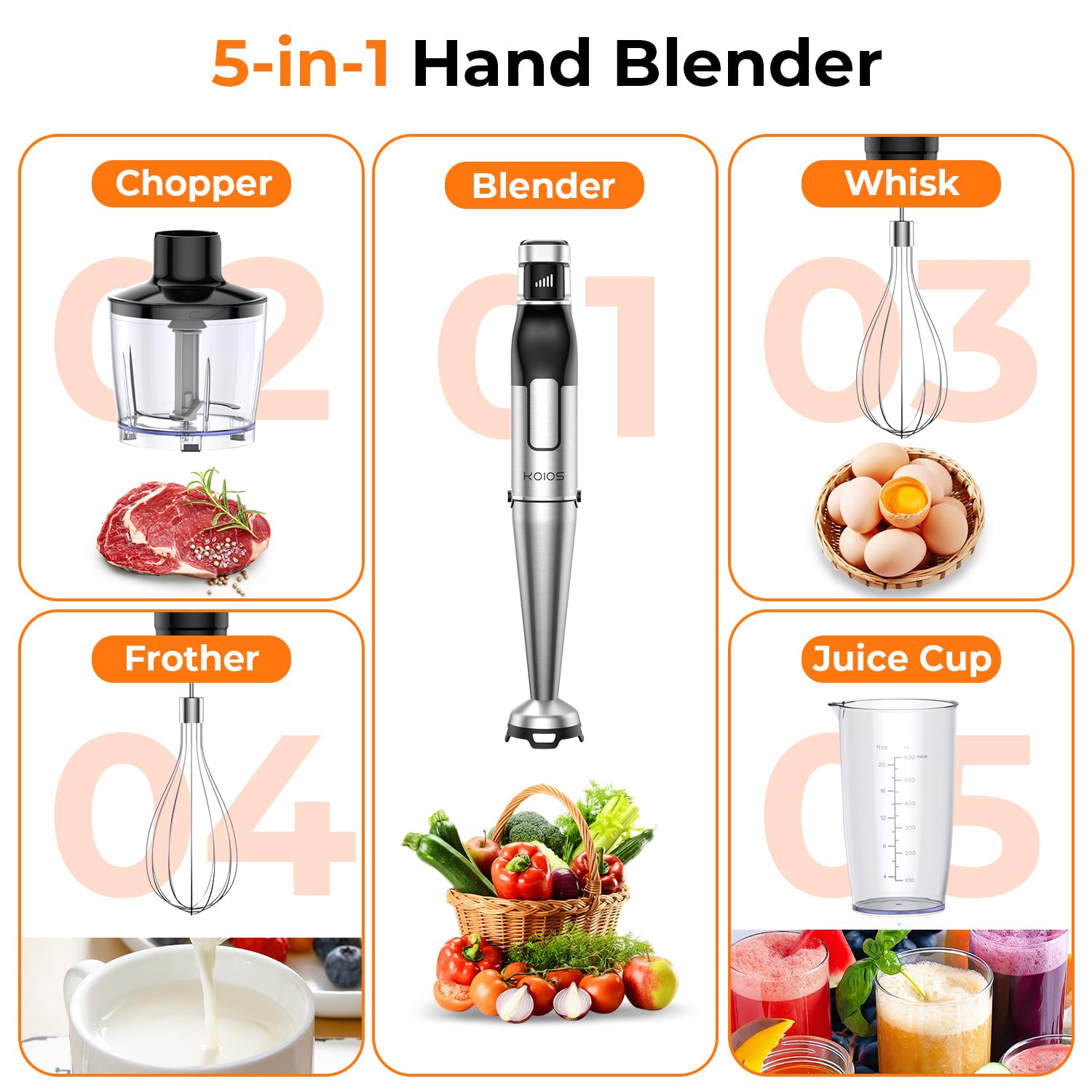KOIOS 1100W Professional Immersion Blender - 5-in-1 Handheld Blender with Variable Speed, Stainless Steel Shaft, Chopper & Milk Frother, BPA-Free for Smoothies, Soups, Baby Food & Baking - Perfect for Kitchen, Restaurant & Home Cooking