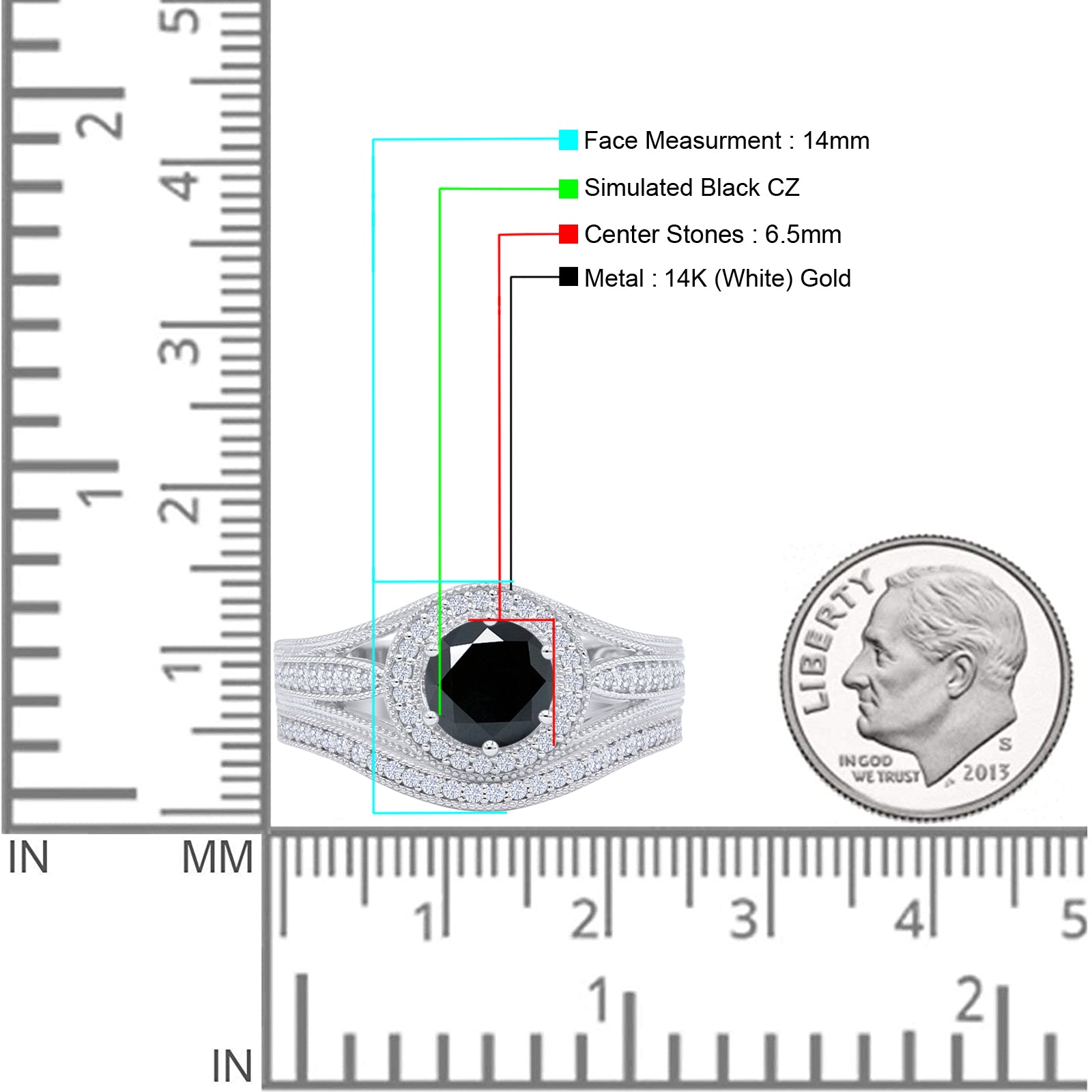14K White Gold Halo Split Shank Black CZ Ring Set - Round Diamond Accent Wedding Band for Women, Perfect for Engagement, Anniversary & Special Occasions