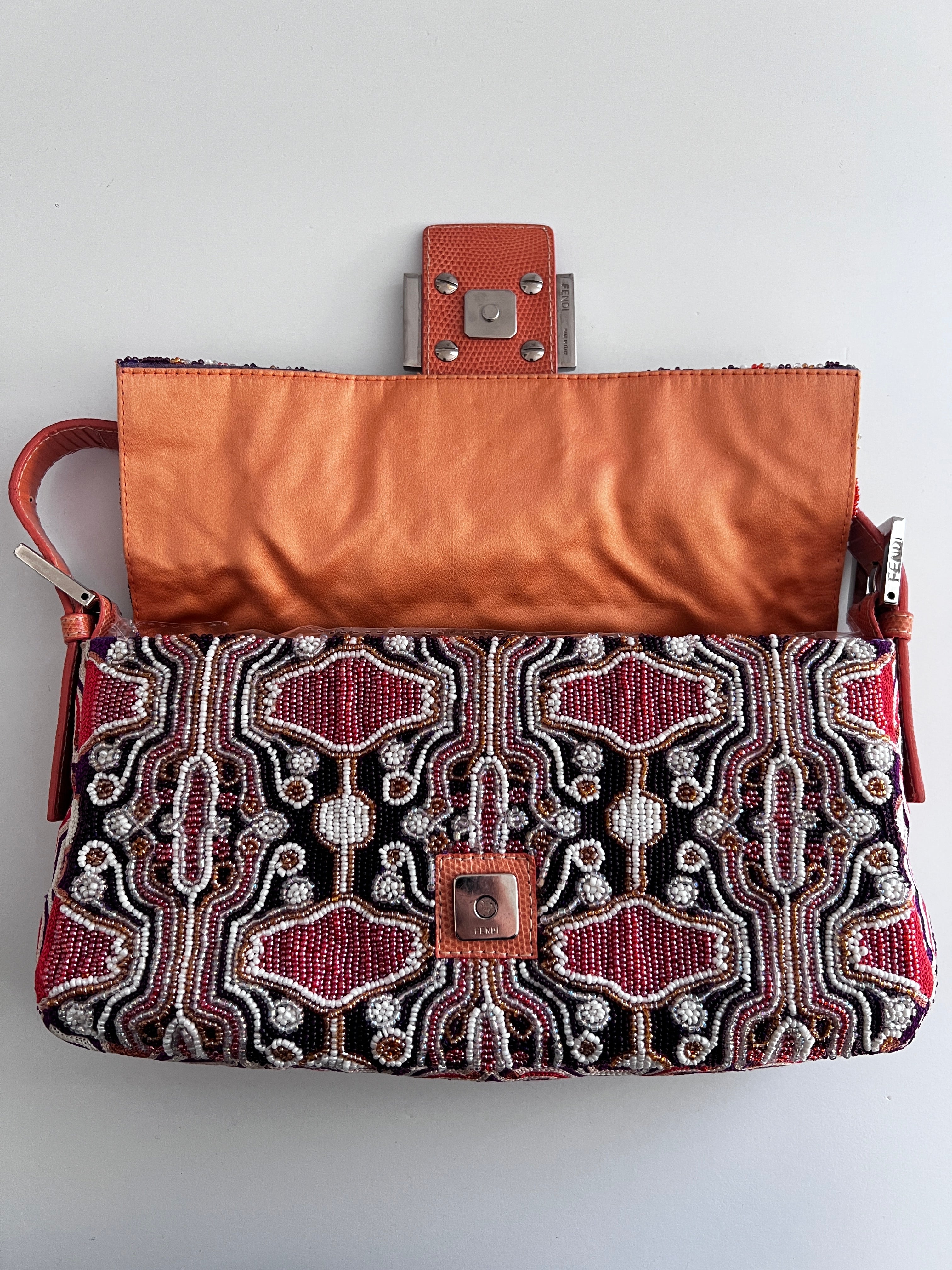 Fendi Orange Beaded Embroidered Baguette Bag - Luxury Designer Crossbody Purse for Women, Evening Parties & Special Occasions
