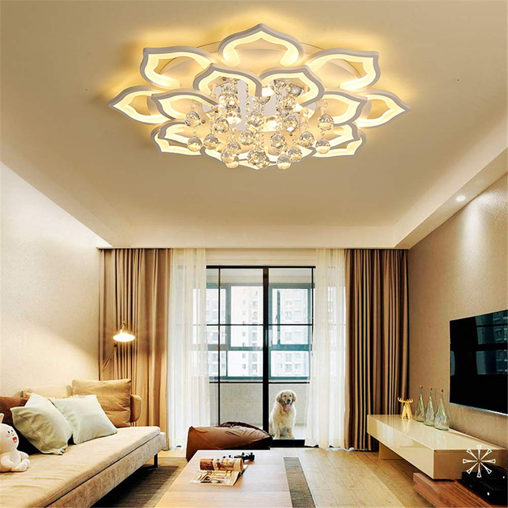 Modern White Flower Shape Ceiling Light with Crystal Ball - Minimalist Flush Mount LED Fixture, 31.5 Inch Contemporary Acrylic Design (Bulb Included) - Perfect for Living Room, Bedroom & Dining Room Lighting