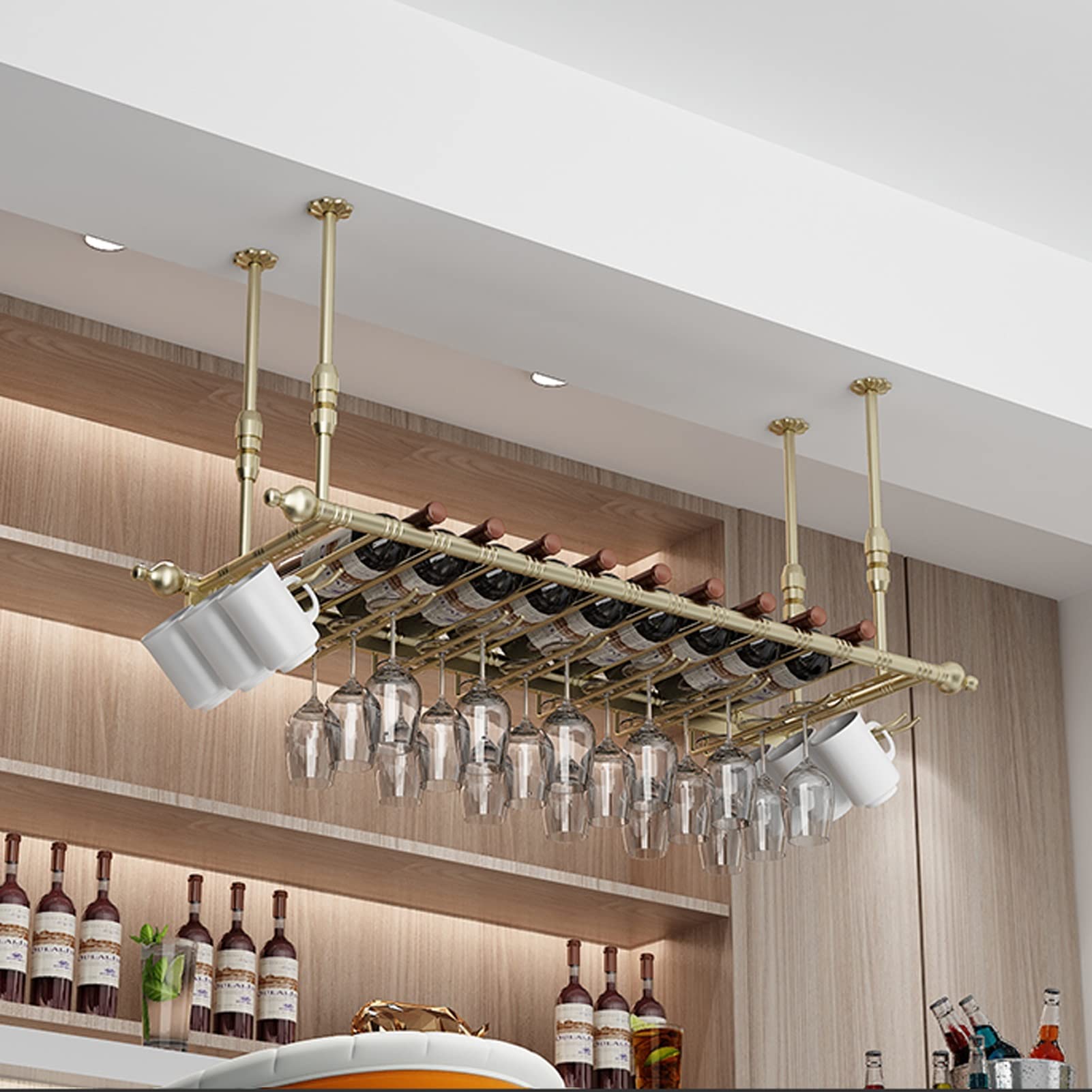 Premium Wrought Iron Ceiling Wine Rack - 60x30cm Gold Hanging Wine Bottle Holder & Stemware Organizer for Bar, Kitchen Decor | Rustic Floating Shelf for Wine Storage & Home Decoration