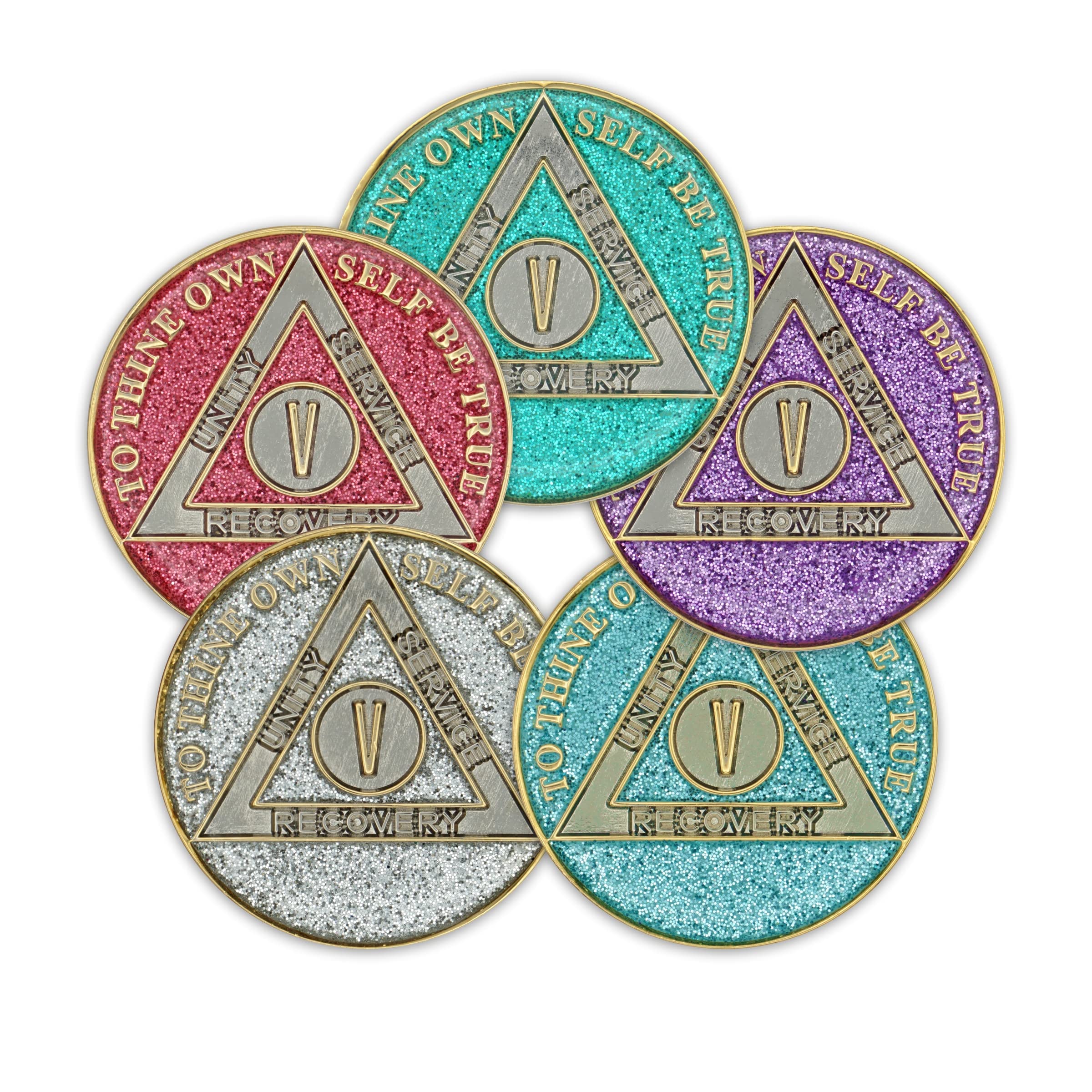 5 Year Sobriety Coin - Glitter Triplate AA Recovery Anniversary Token (Blue) | Motivational Gift for Alcoholics Anonymous, 12 Step Program Milestone | Perfect for AA Meetings, Sobriety Celebrations & Inspirational Keepsakes