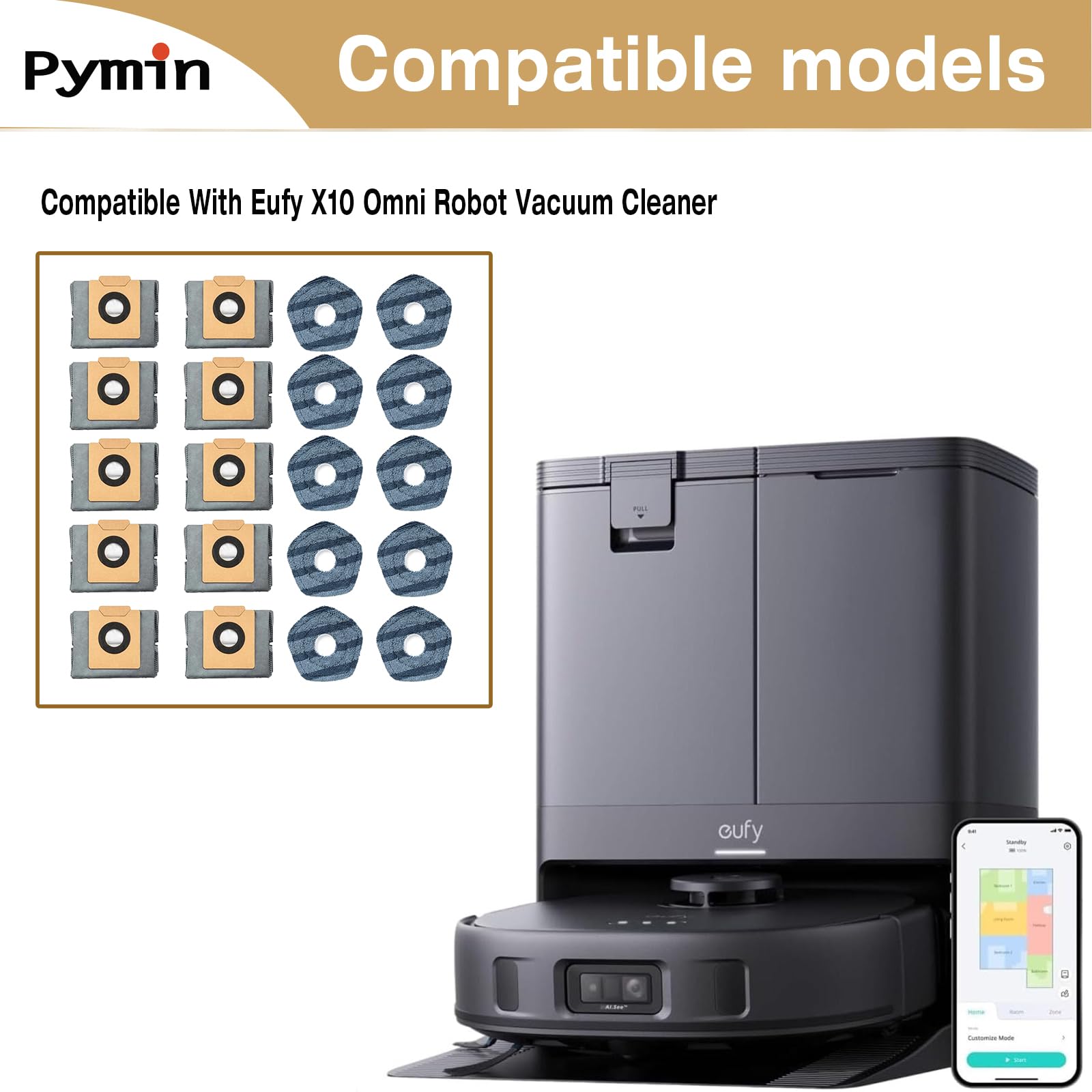 Pymin 20-Piece Vacuum Accessory Kit for Eufy X10 Pro Omni Robot Cleaner - Includes 10 Washable Mop Pads & 10 Vacuum Bags | Replacement Parts for Smart Home Cleaning | Perfect for Hardwood Floors & Pet Hair Removal