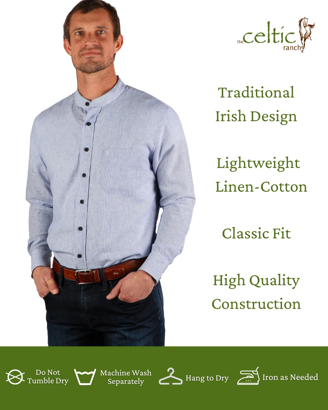 Traditional Irish Grandfather Collarless Shirt | Men's Linen Cotton Lightweight Long Sleeve Dress Shirt | Perfect for St. Patrick's Day, Irish Weddings & Casual Wear