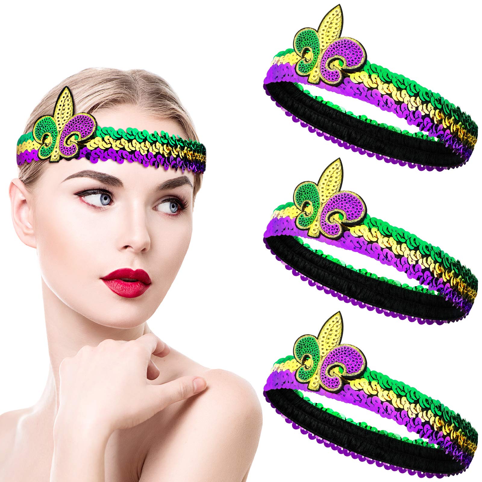 Chuangdi 3-Piece Mardi Gras Fleur De Lis Sequin Headbands - Glitter Elastic Hair Bands for Women & Adults - Carnival Party Costume Accessories in Multi-Colors - Perfect for Festivals, Parades & Themed Events