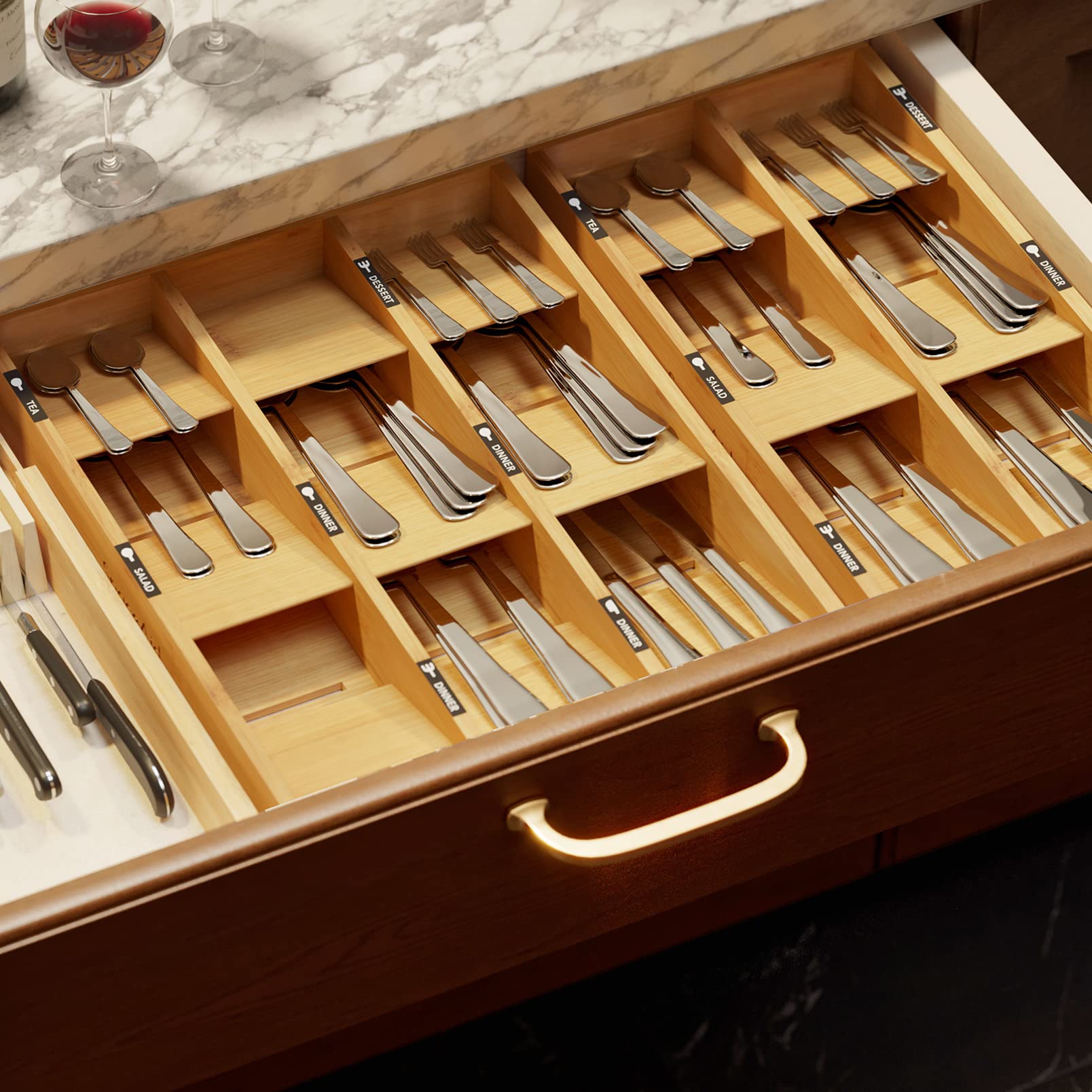 SpaceAid Bamboo Silverware Drawer Organizer with Labels - 9 Slot Kitchen Utensil Tray for Flatware, Cutlery, Spoons & Knives - Perfect for Drawer Storage Organization & Kitchen Countertop Decluttering