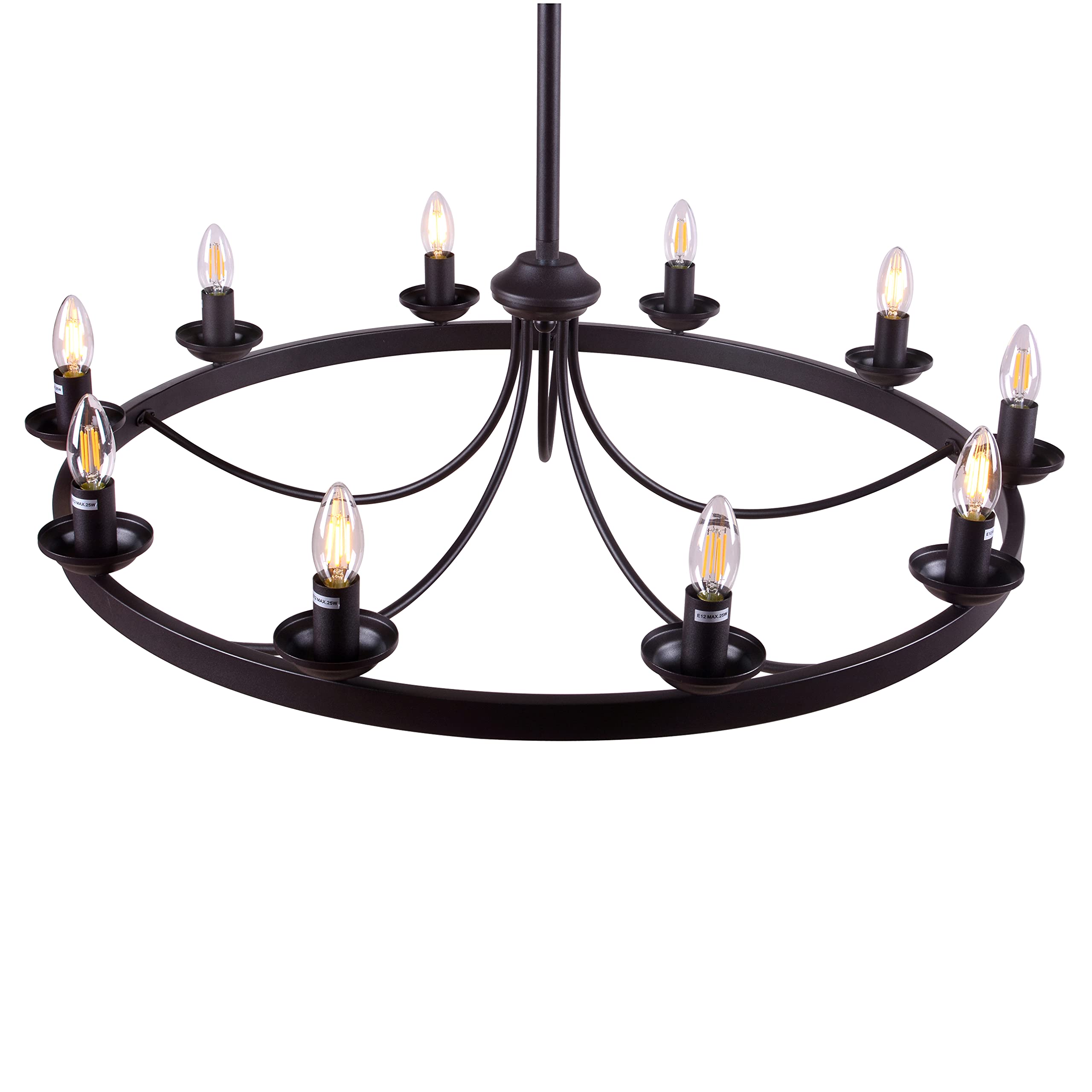 Erica 10-Light Candle Style Wagon Wheel Chandelier - Rustic Farmhouse Ceiling Light Fixture for Dining Room, Living Room & Bedroom Decor