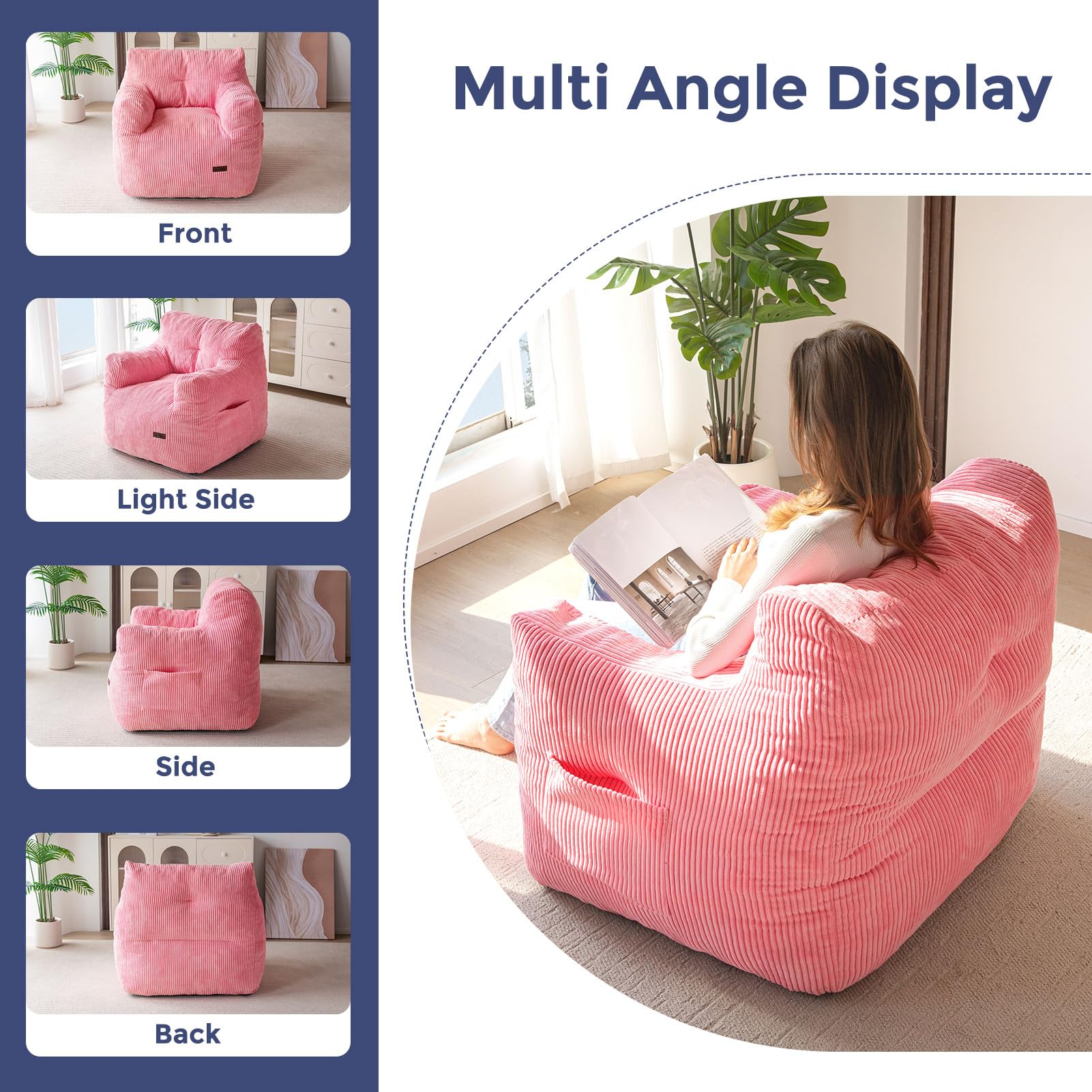 MAXYOYO Tufted Corduroy Bean Bag Chair for Adults & Teens - Pink Comfortable Lazy Sofa with Filler - Perfect for Living Room, Bedroom, Dorm or Game Room Relaxation