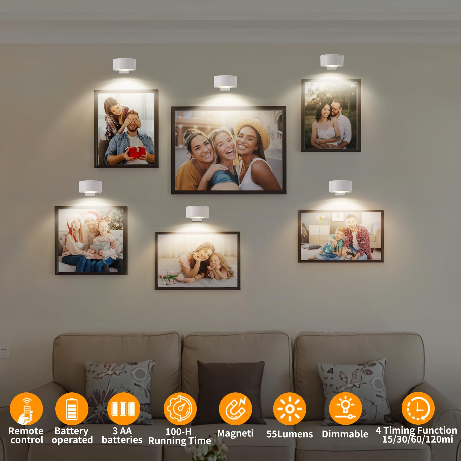 3 Pcs Battery Operated LED Picture Lights for Wall Art - Wireless Magnetic Gallery Lighting with 3 Modes & Dimmable Timer - Perfect for Paintings, Posters, Photos and Home Decor (White)