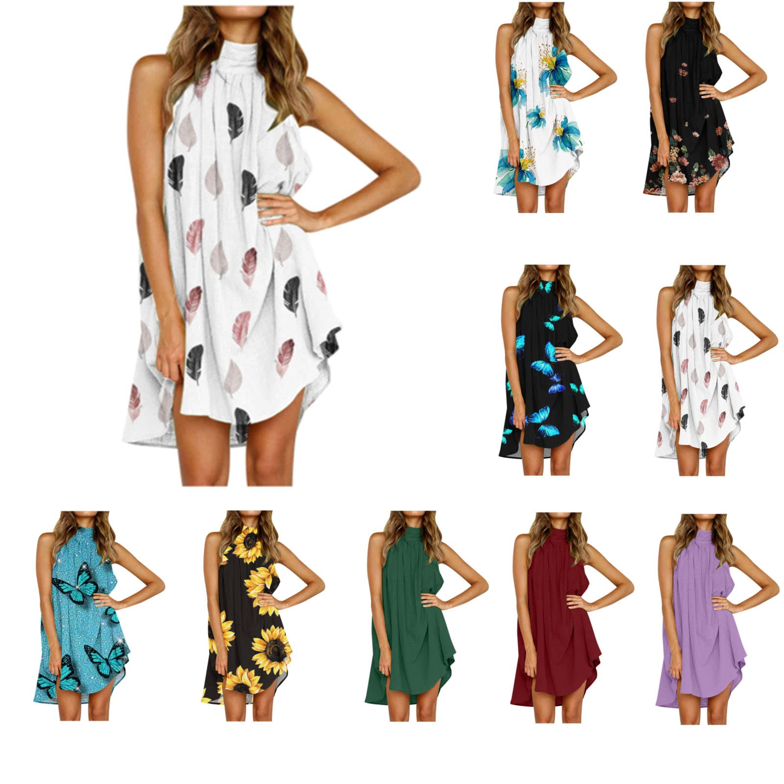 Women's Summer Halter Dress - Sleeveless High Neck Smocked Floral Mini Dress | Casual Beach Wear, Vacation Outfit, Party Dress | White Flowy Dress for Outdoor Activities & Date Nights