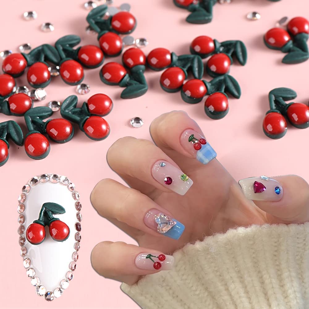 3D Cherry Nail Charms - 40Pcs Cherry Blossom Nail Rhinestones for Acrylic Nails, Flat Base Nail Art Decorations - Perfect for Spring Nail Designs, DIY Manicures & Nail Jewelry Crafts