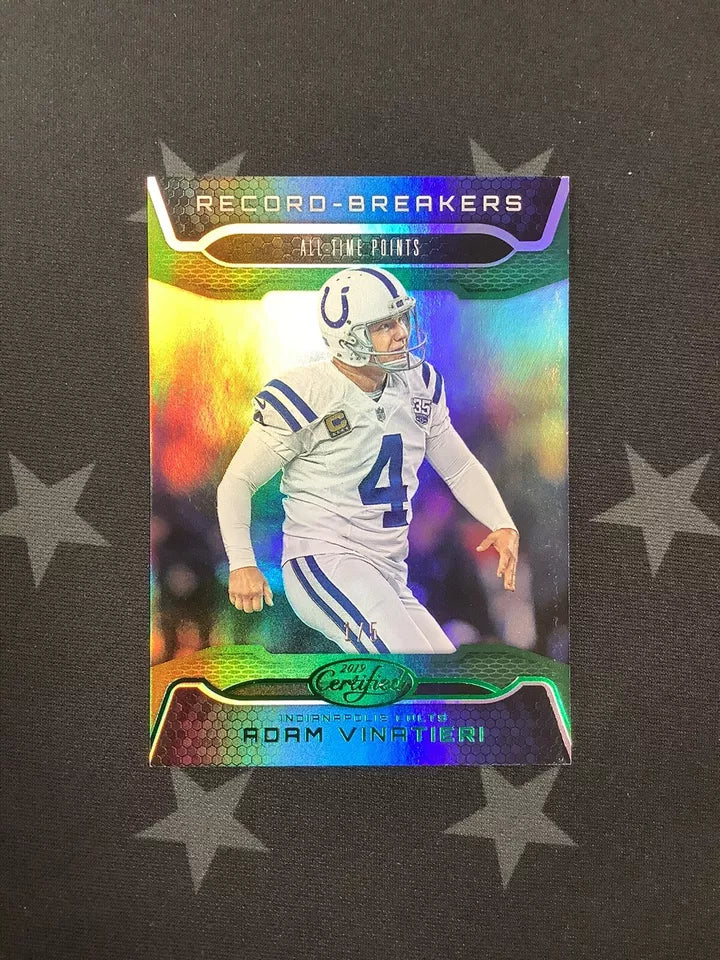 2019 Panini Certified Football Adam Vinatieri Record Breakers Green Colts #1/5 - Rare Collectible Trading Card for NFL Fans & Sports Memorabilia Collectors - Perfect for Display, Investment, and Gifting