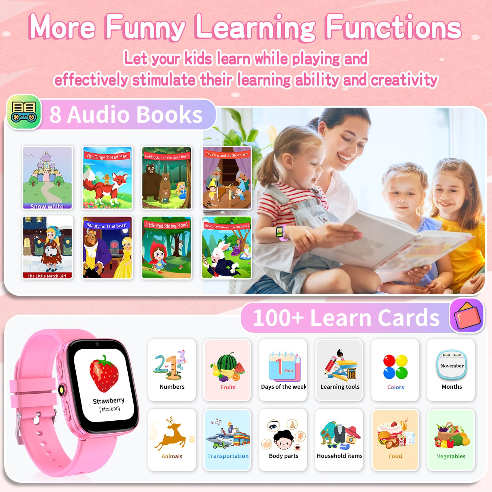 Smart Watch for Kids Ages 4-12 - HD Touch Screen with Puzzle Games, Habit Tracker, Audio Books & Learning Cards - Pedometer, Camera & Alarm Clock - Perfect Educational Birthday Gift for Girls & Boys (Pink) - Ideal for School, Playtime & Outdoor Activities