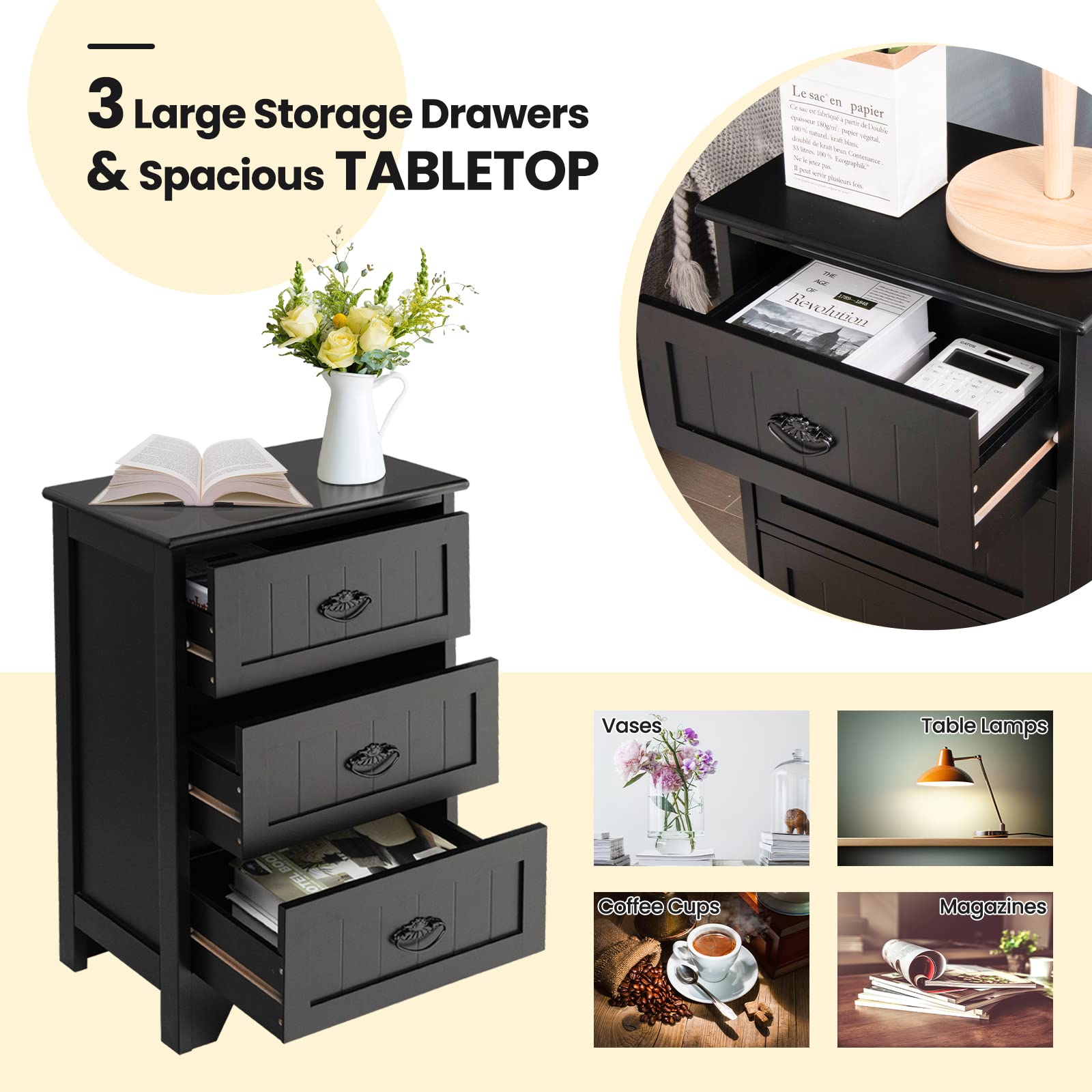 Giantex 3-Drawer Nightstand with Metal Handles, Bedside Table with Anti-Tip Design - Black Accent Table for Bedroom, Living Room & Office | Perfect for Storing Books, Lamps & Bedroom Essentials