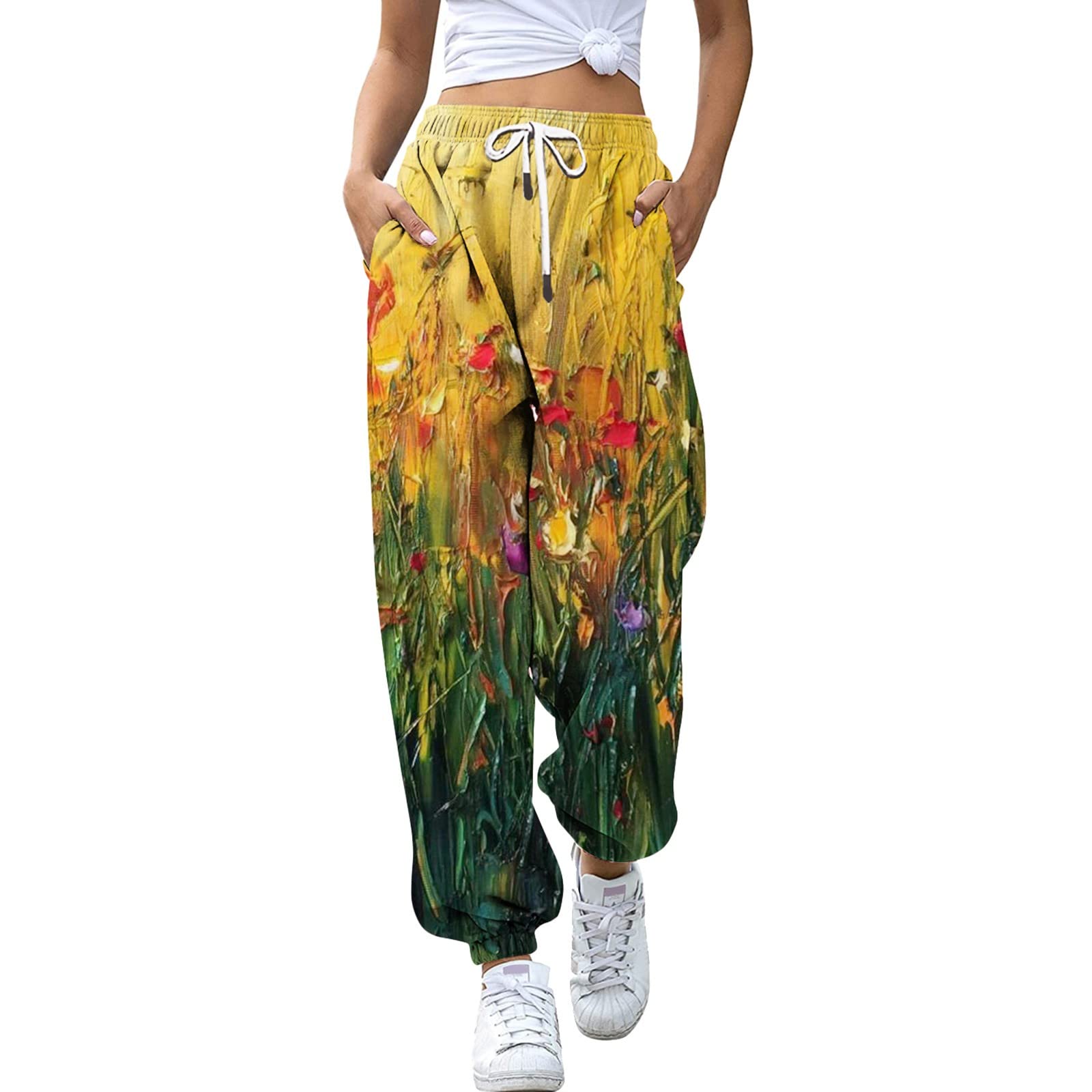 Women's Floral Print Cotton Casual Pants - Spring Summer Soft Lounge Sweatpants with Elastic Waist | Perfect for Yoga, Travel & Everyday Comfort
