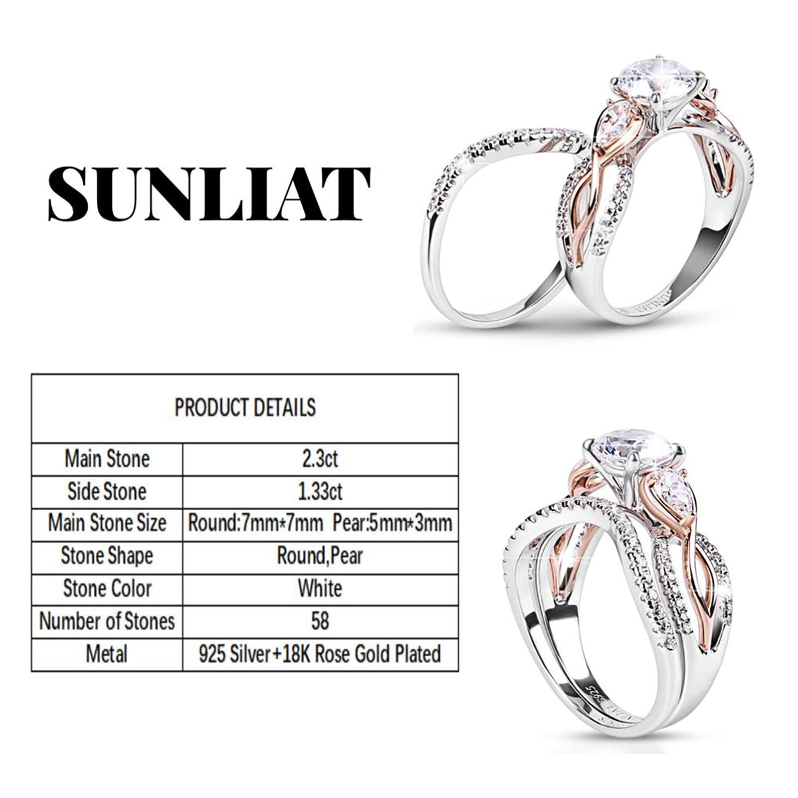 925 Sterling Silver Rose Gold Plated Women's Engagement Wedding Ring Set - 3 Stone Round & Pear Cubic Zirconia Bridal Jewelry Set - Perfect for Proposals, Anniversaries & Romantic Gifts
