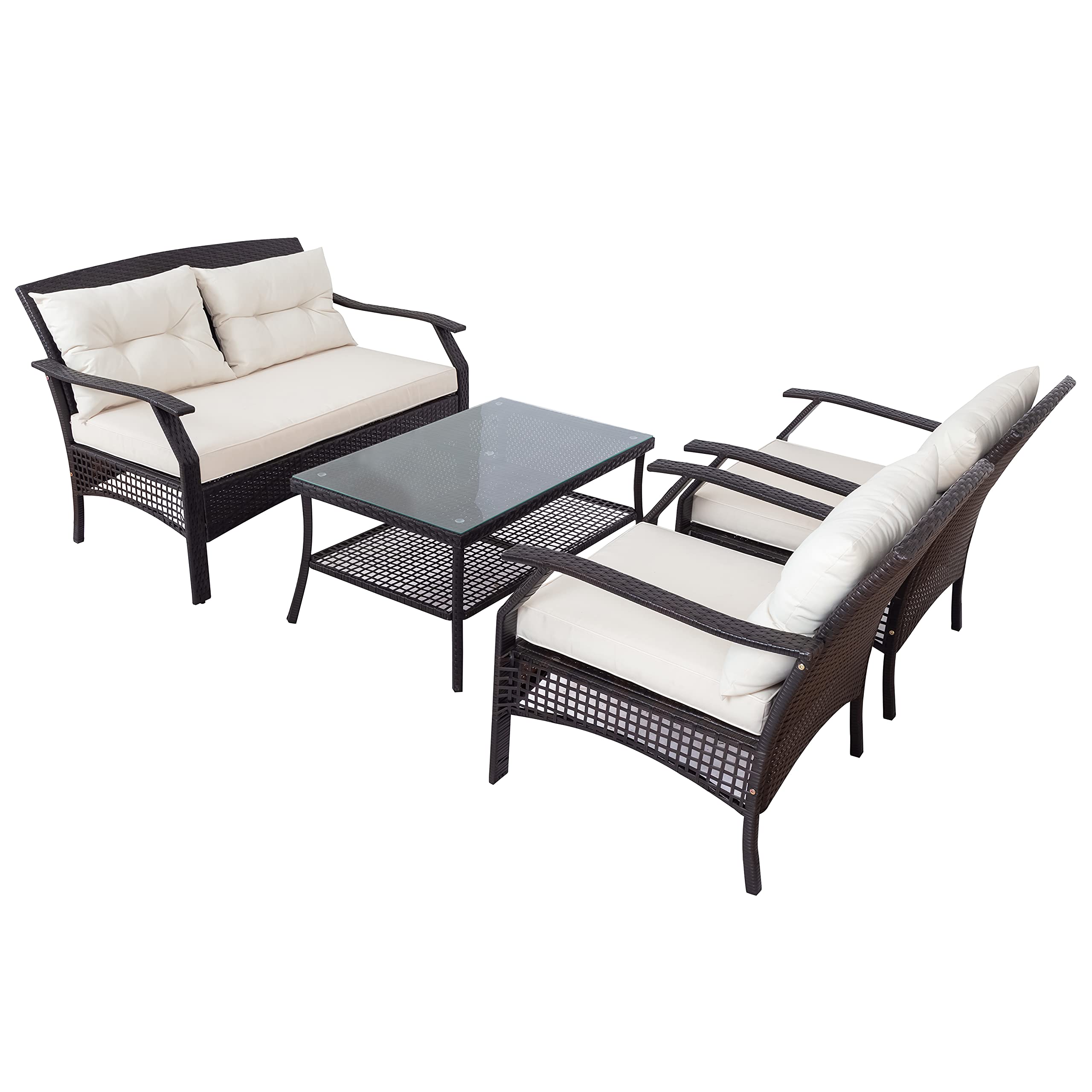 4-Piece Outdoor Patio Furniture Set with Coffee Table & Soft Cushions - 2 Chairs Conversation Set for Porch, Garden, Backyard, Poolside - Durable Weather-Resistant Wicker for Relaxing & Entertaining Outdoors