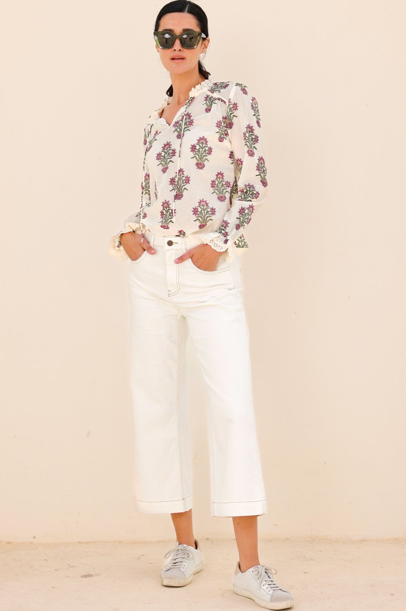 Rosie Organic Cotton Block Print Blouse - Vintage Wildflower Print in Cream, Red & Green | Boho Chic Top for Women | Perfect for Summer Outfits, Beach Vacations & Casual Wear