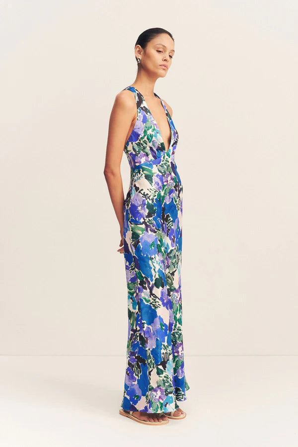 Curlewis Plunged Cross Back Maxi Dress in Ocean Blue - Elegant Beach Wedding & Summer Vacation Dress for Women